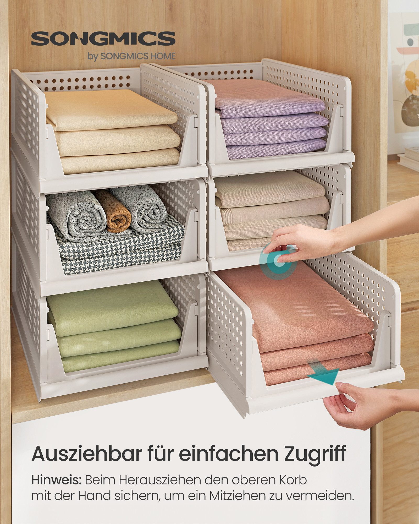 SONGMICS Aufbewahrungsbox Schrank-Organizer klappbar, Aufbewahrung und Organisation, Kunststoff (6 St), Schlafzimmer, Büro, Badezimmer, ausziehbarer, 6er Set, 33x43x18.5cm