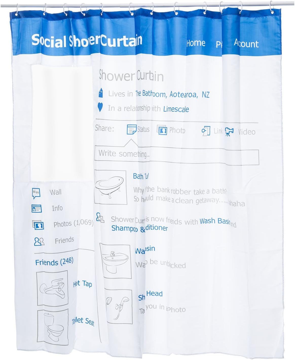 Goods+Gadgets Duschvorhang 3D Duschvorhang mit optischer Täuschung – Transparent & Anti-Schimmel (Transparent Diamonds, Weiß, Periodensystem, Facebook & Bambus Design), Anti-Schimmel Vorhang