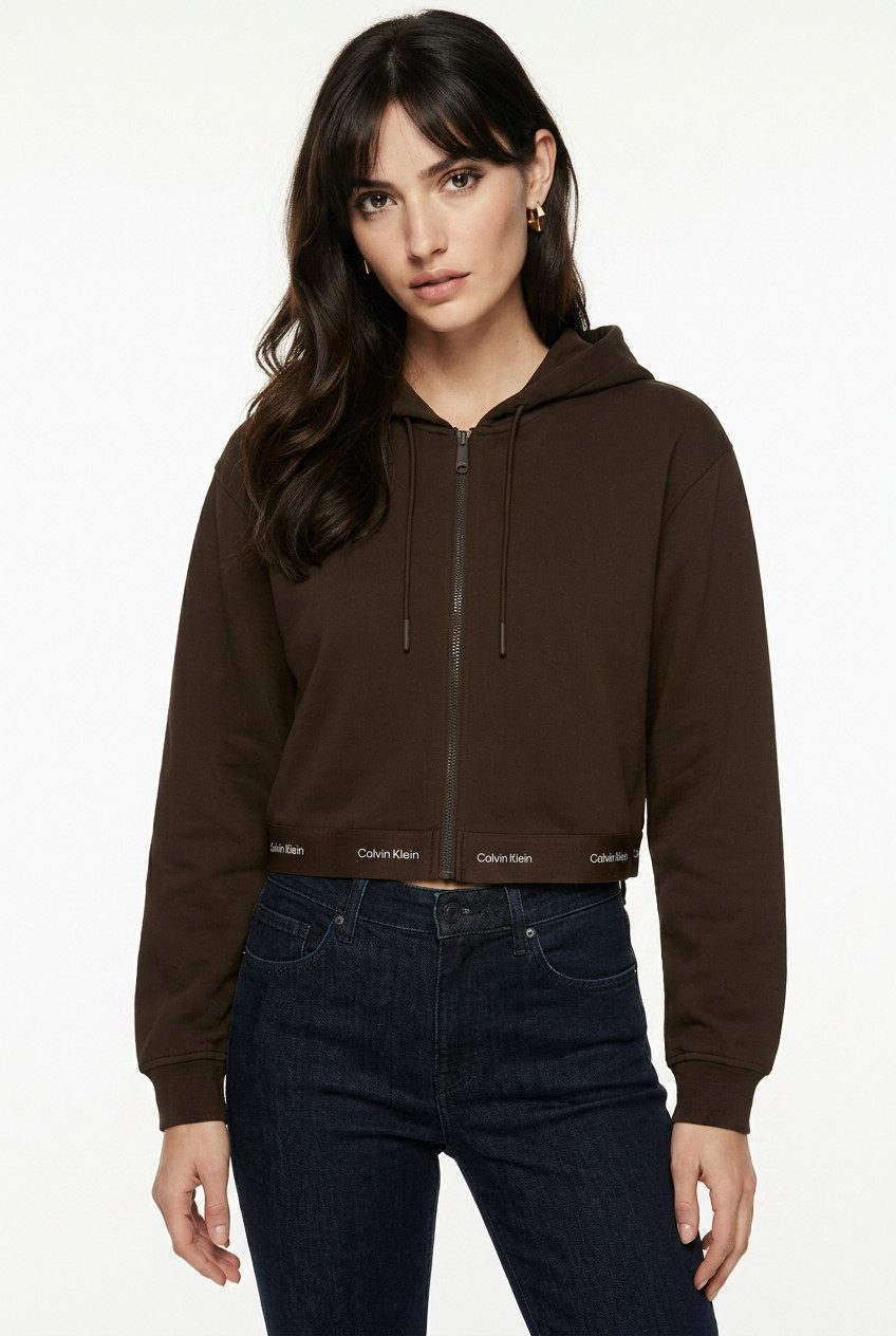 Calvin Klein Jeans Kapuzensweatjacke LOGO WAIST CROPPED mit Kapuze, kurze From, Logoschriftzug am Bund