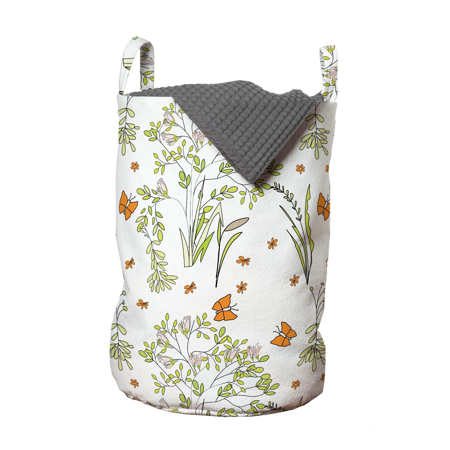 Abakuhaus Wäschesäckchen Wäschekorb mit Griffen Kordelzugverschluss für Waschsalons, Frühling Schmetterlinge und Pflanzen Kunst