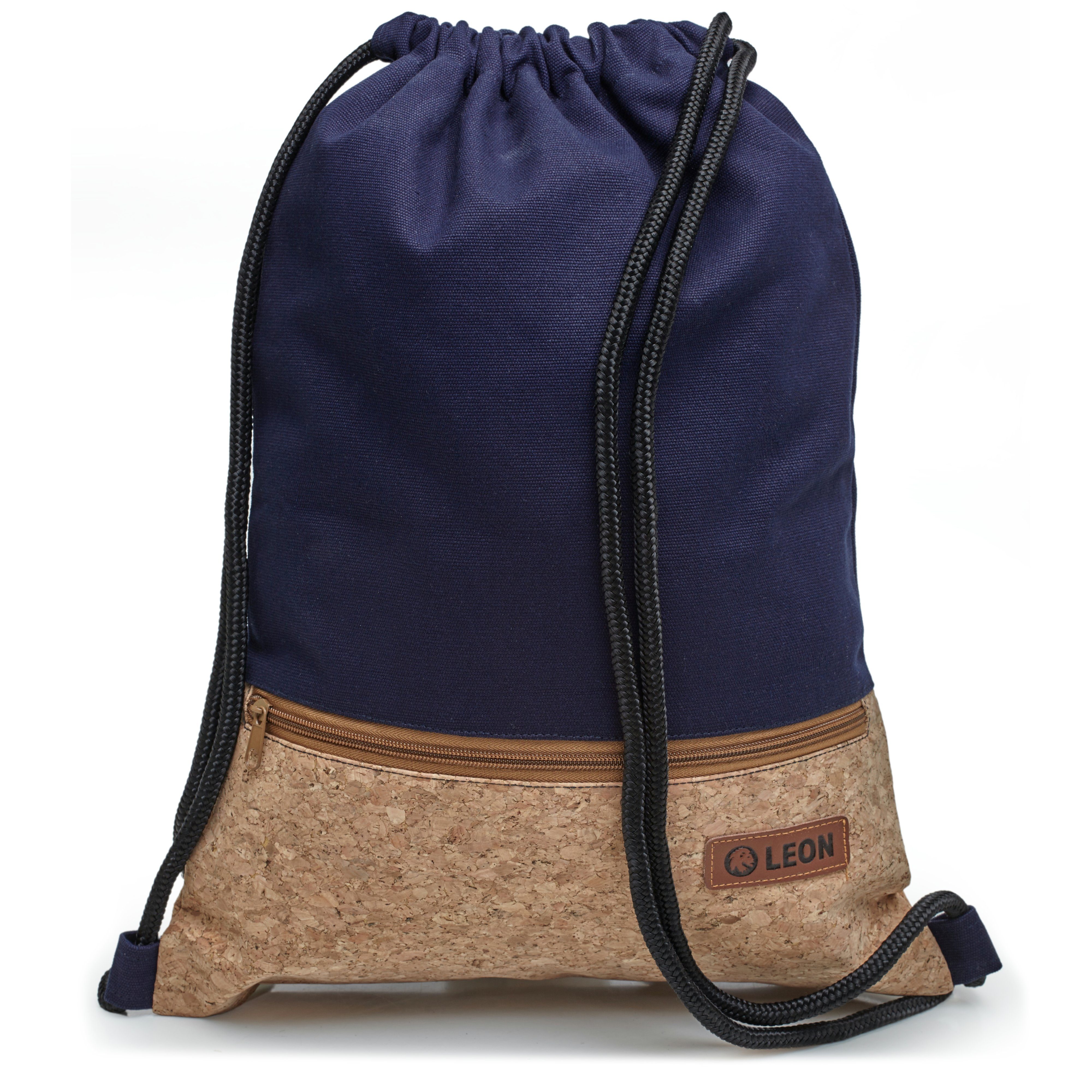 By Bers Freizeitrucksack Leon By Bers Turnbeutel (Tagesrucksack für Strand Sport Festival Freizeit Alltag Einkauf aus Baumwolle Innentasche Schlüsselband), robuste hochwertige Baumwolle, bestens verarbeitet TB_KORK_Blau