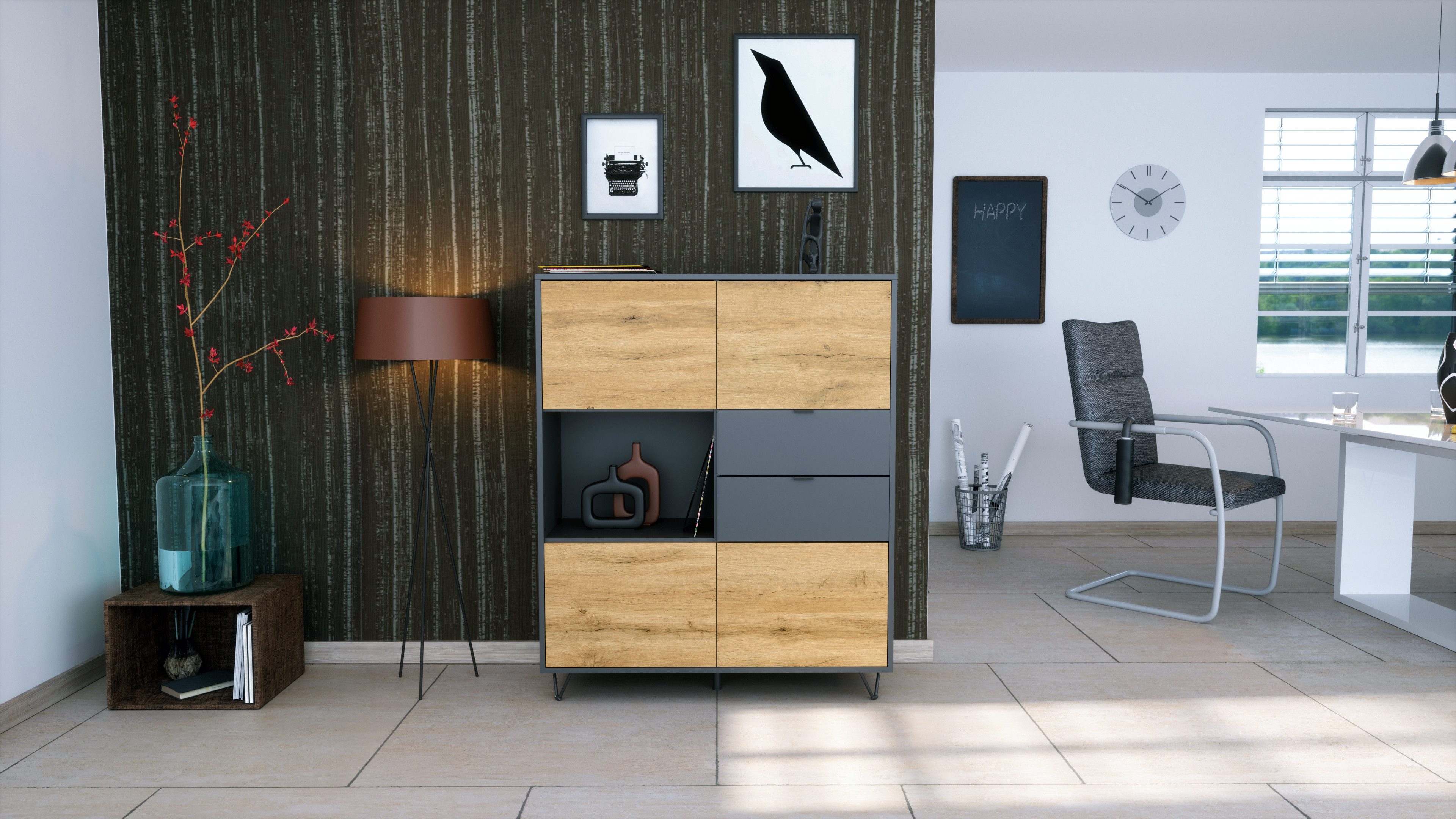 Vladon Highboard Marino V1 (Highboard mit 4 Tür Eiche Evoke, 2 Schubladen Anthrazit matt, Made in Germany), Korpus Anthrazit matt (103 x 125,5 x 37 cm) – Bild 3 von 5