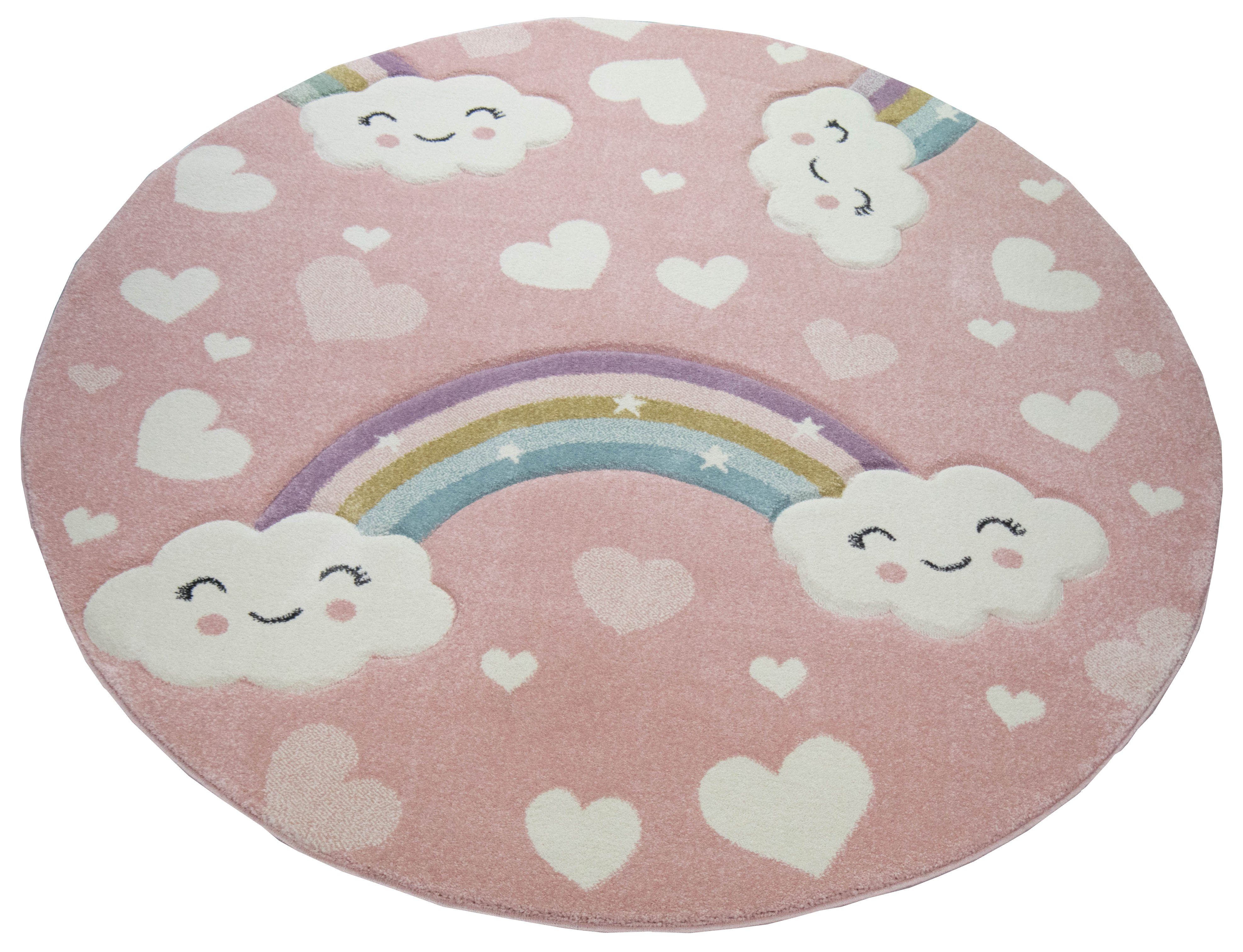 TeppichHome24 Kinderteppich Kinderteppich Regenbogen mit Wolken und Herzen in rosa, rechteckig, Höhe: 13 mm