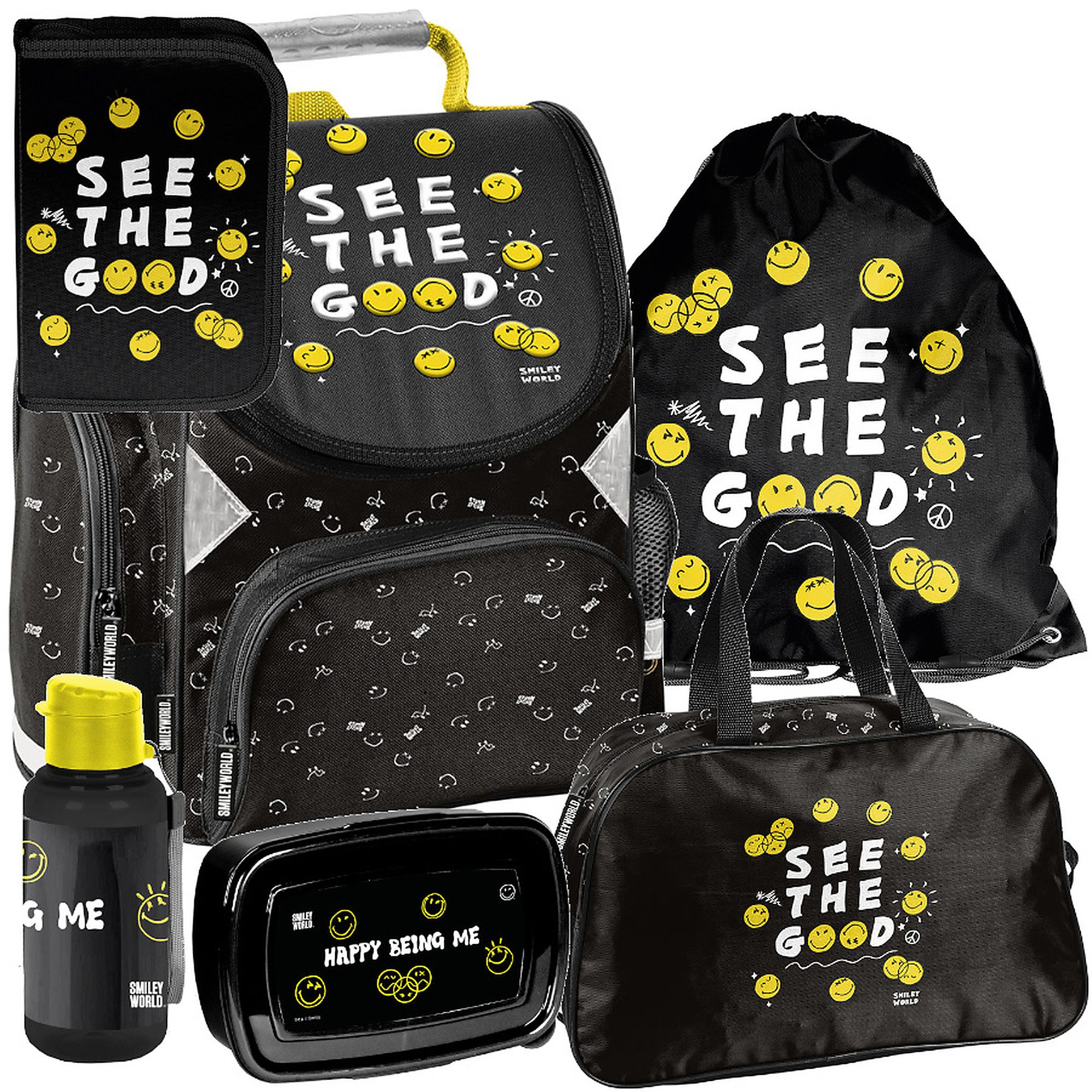 PASO Schulrucksack Mega-Set Smiley Schulset 6-tlg. (Schulranzen + Turnbeutel + Federmäppchen + Lunchbox + Trinkflasche + Sporttasche, 6-tlg)