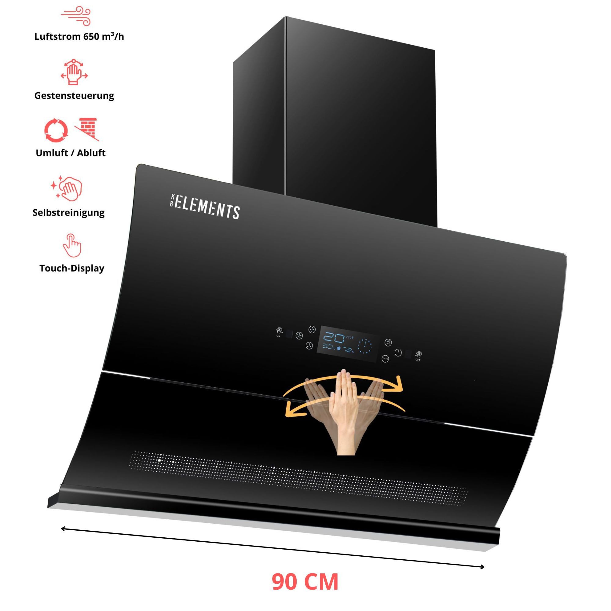 KB Elements Wandhaube Glas-Curved-Design, Selbstreinigungsfunktion, 90 cm Glas-Curved-Design, Selbstreinigungsfunktion, 90 cm, Automatische Wärmereinigung, Multifunktionales Display