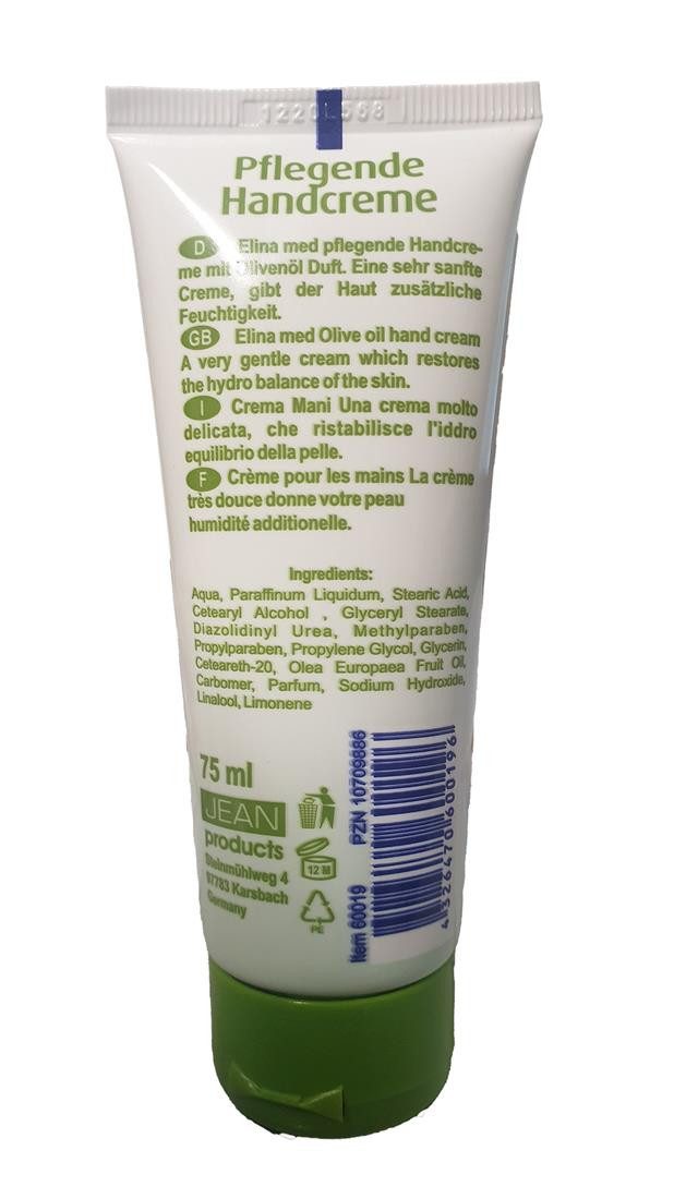Elina Med Handcreme Olivenöl Handcreme 75ml Tube Feuchtigkeitspflege Hände 1 Stück Creme Tube, 1-tlg., Handcreme Hautschutzcreme Pflegecreme Handpflegecreme Handlotion Lotio