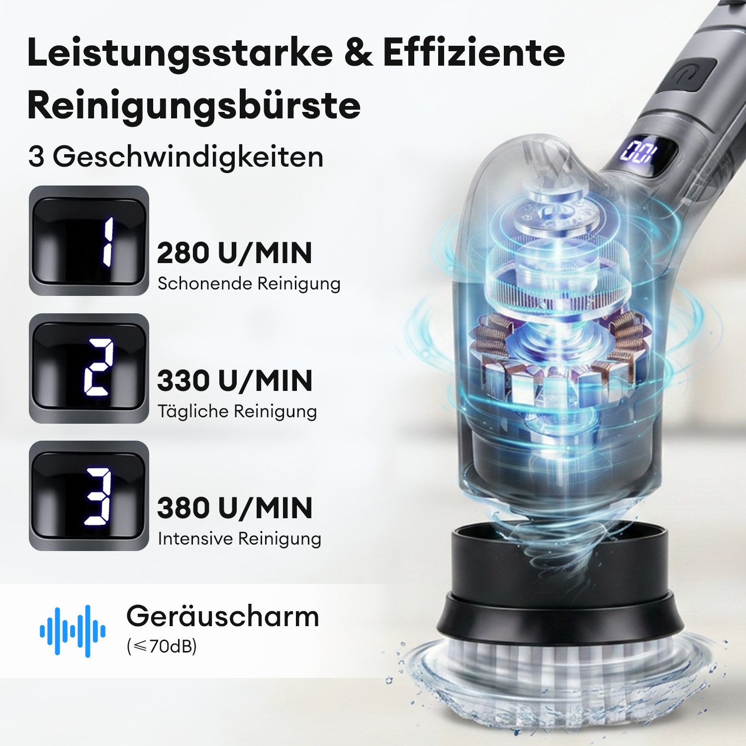 CkeyiN Akku-Oberflächenbürste Elektrische Reinigungsbürste mit 3 Geschwindigkeiten 6 Aufsätzen, 6 cm Bürstendurchmesser, max. 380 U/min, für Fliesen, Boden, Glas, Auto, mit LED-Anzeige, IPX6