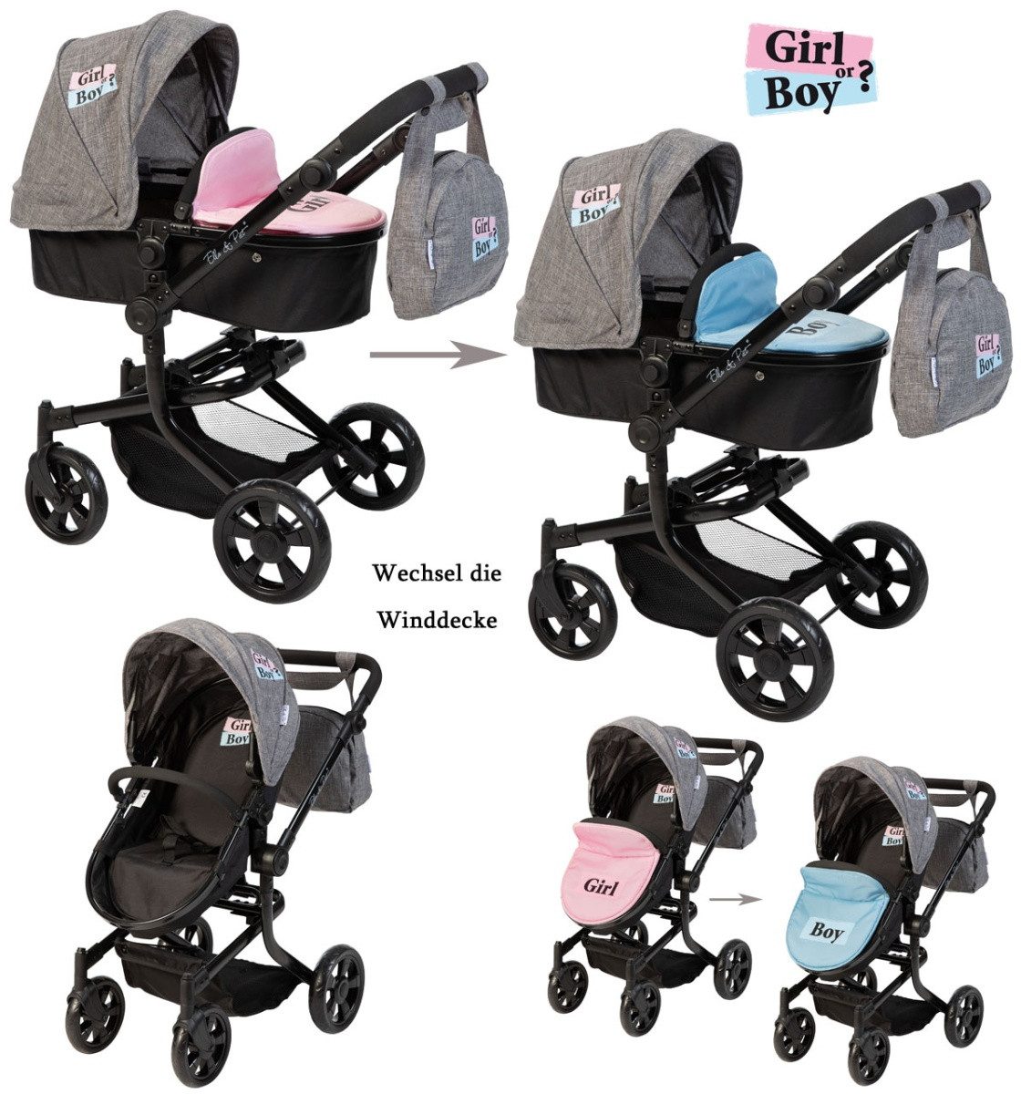 ELLA & PIET® Kombi-Puppenwagen Puppenwagen MOOVE4 mit wechselbarer Winddecke 2in1 (Schwarz-Grau), Puppenbuggy, Kinderwgen für Puppen