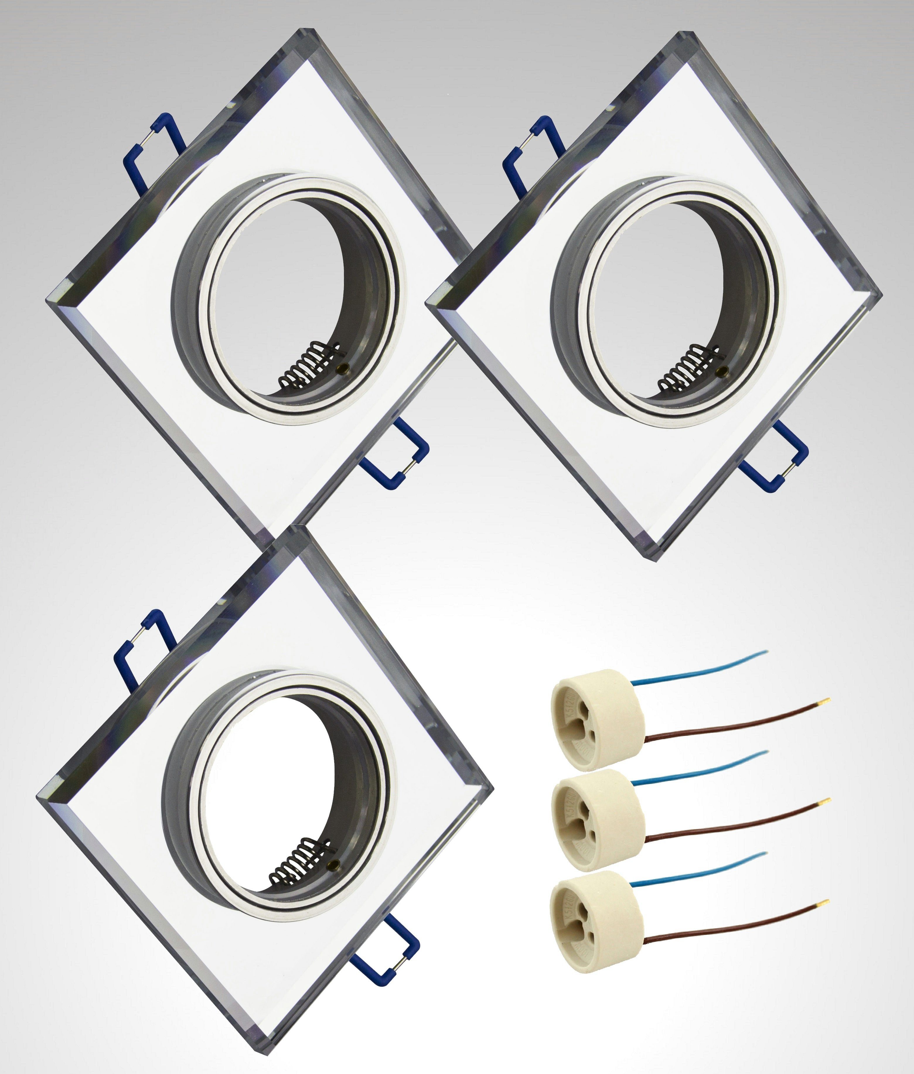 6729S-03GUSD-AK 3-Stufen Glas Einbauspot, LED 3er TRANGO dimmbar 3 Alu Stufen warmweiß, GU10 & handgeschliffenem Deckenspots Deckenleuchte, Leuchtmittel LED 3x 3000K dimmbar, inkl. *CRYSTAL* Einbaustrahler, LED Deckenstrahler aus Set