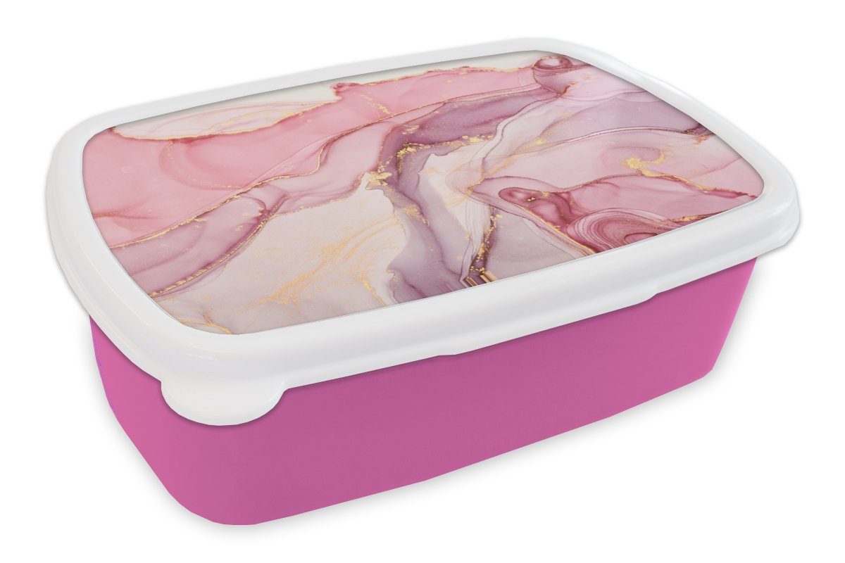 MuchoWow Lunchbox Gold - Marmor - Rosa, Kunststoff, (2-tlg), Brotbox für Erwachsene, Brotdose Kinder, Snackbox, Mädchen, Kunststoff