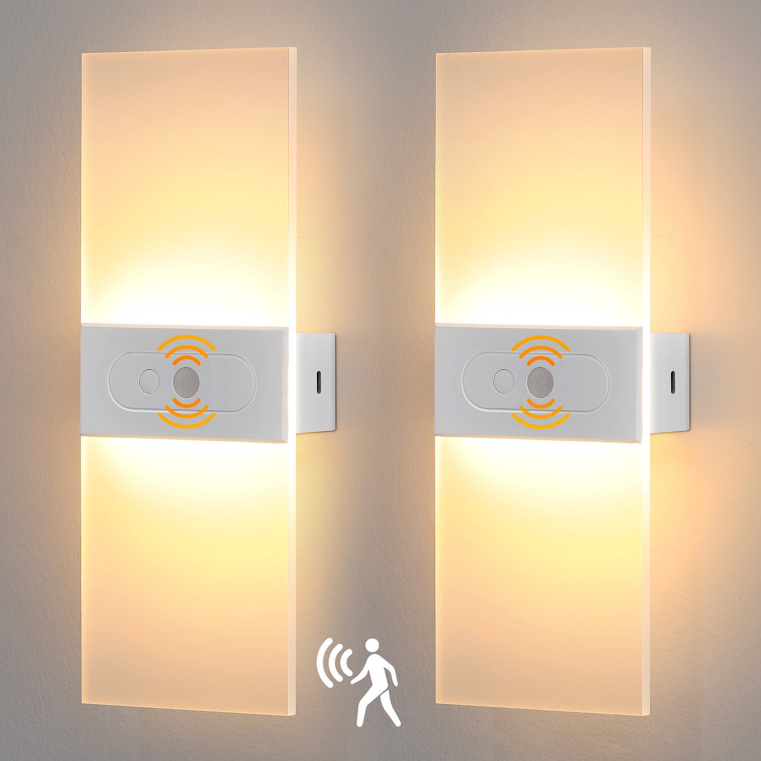 oyajia LED Wandleuchte LED Wandleuchte mit Bewegungsmelder, 2200mAh Akku USB Treppenlicht, Warmweiß, Innenbeleuchtung Nachtlicht, USB Aufladbare Acryl Wandbeleuchtung 27cm