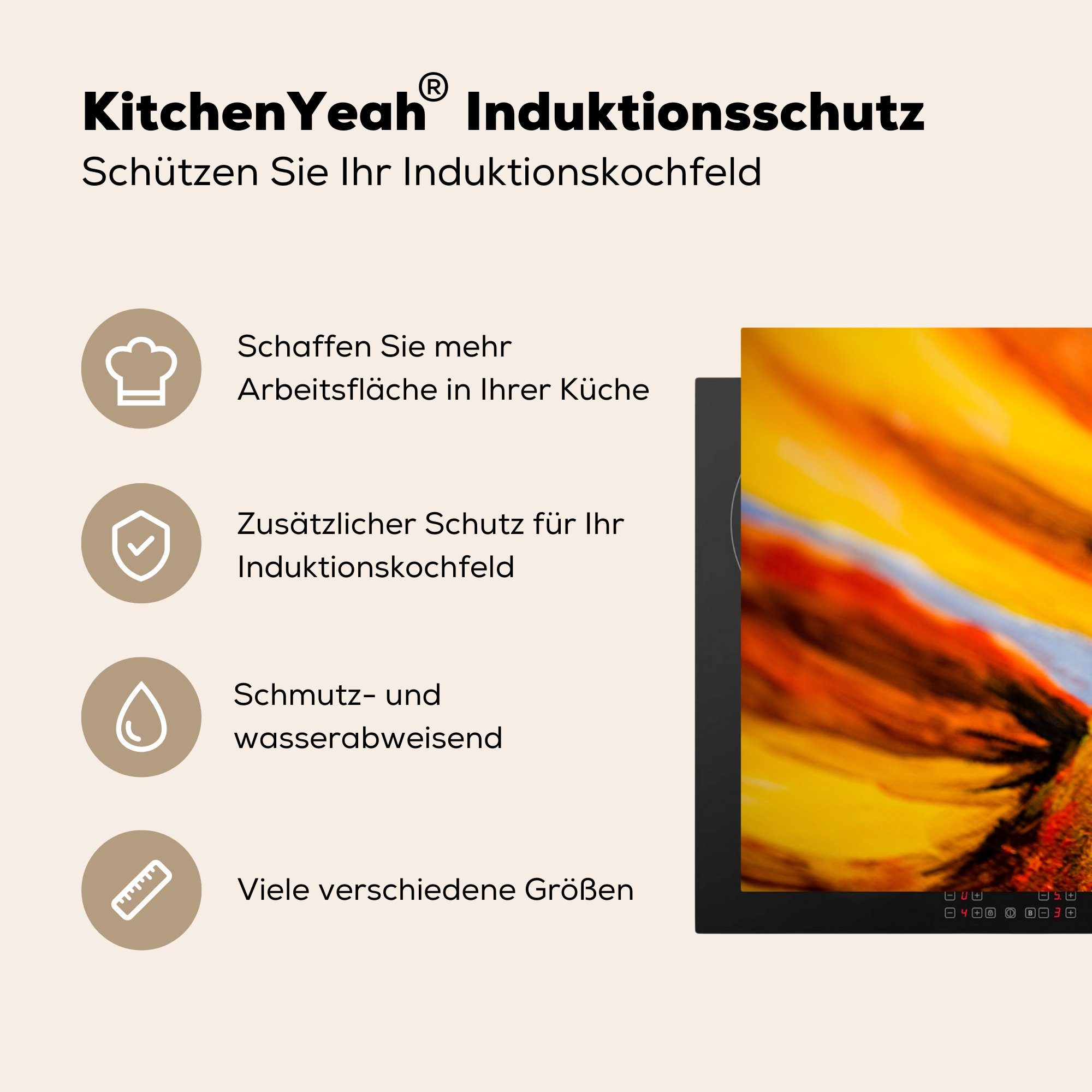 81x52 tlg), Vinyl, (1 für Nahaufnahme Herdblende-/Abdeckplatte cm, einer mit eines Induktionskochfeld MuchoWow die küche, Ölgemäldes Ceranfeldabdeckung Sonnenblume, Schutz