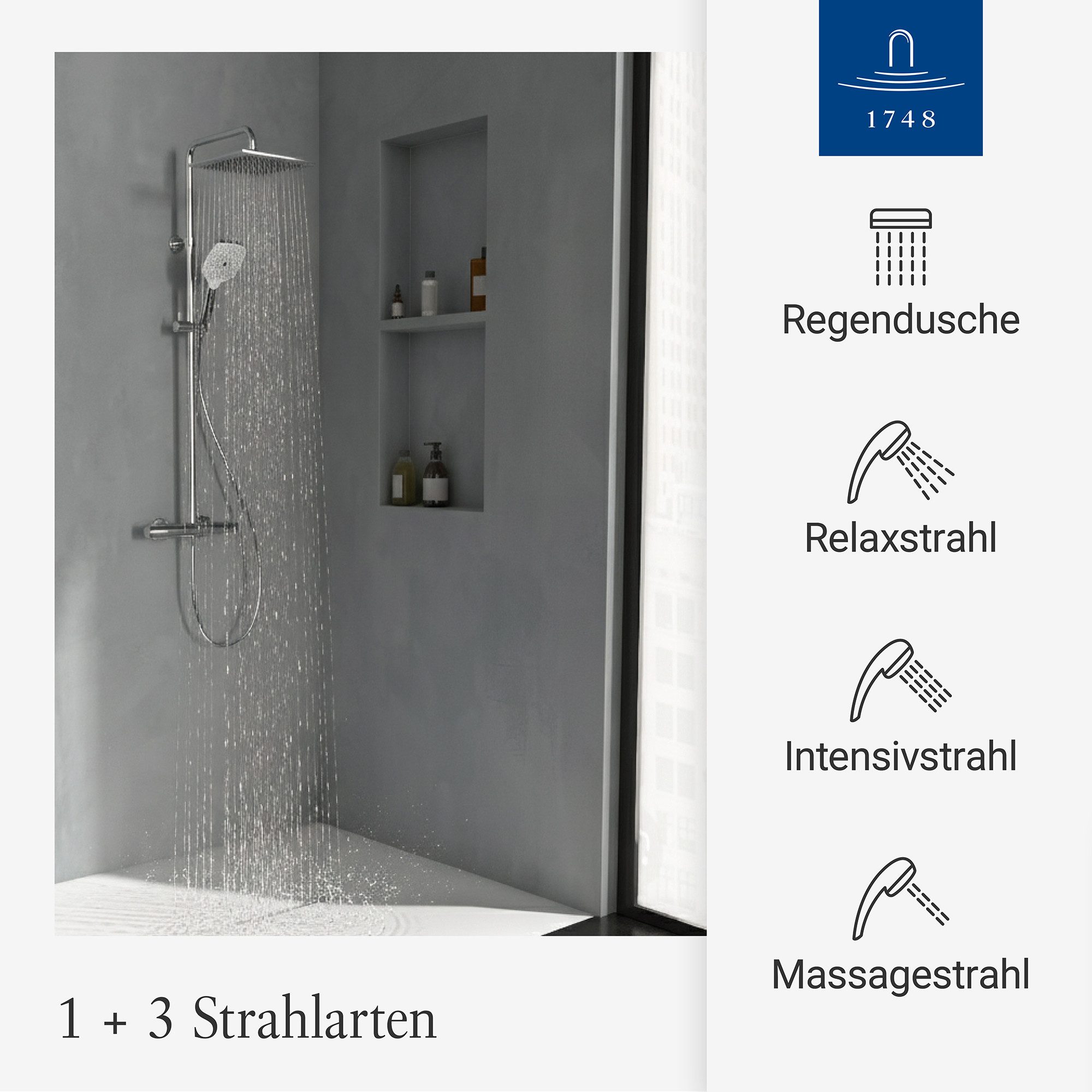 Villeroy & Boch Duschsystem Elody, Wasser- & Energiesparend, CoolBody-Technologie, Variable Strahlarten