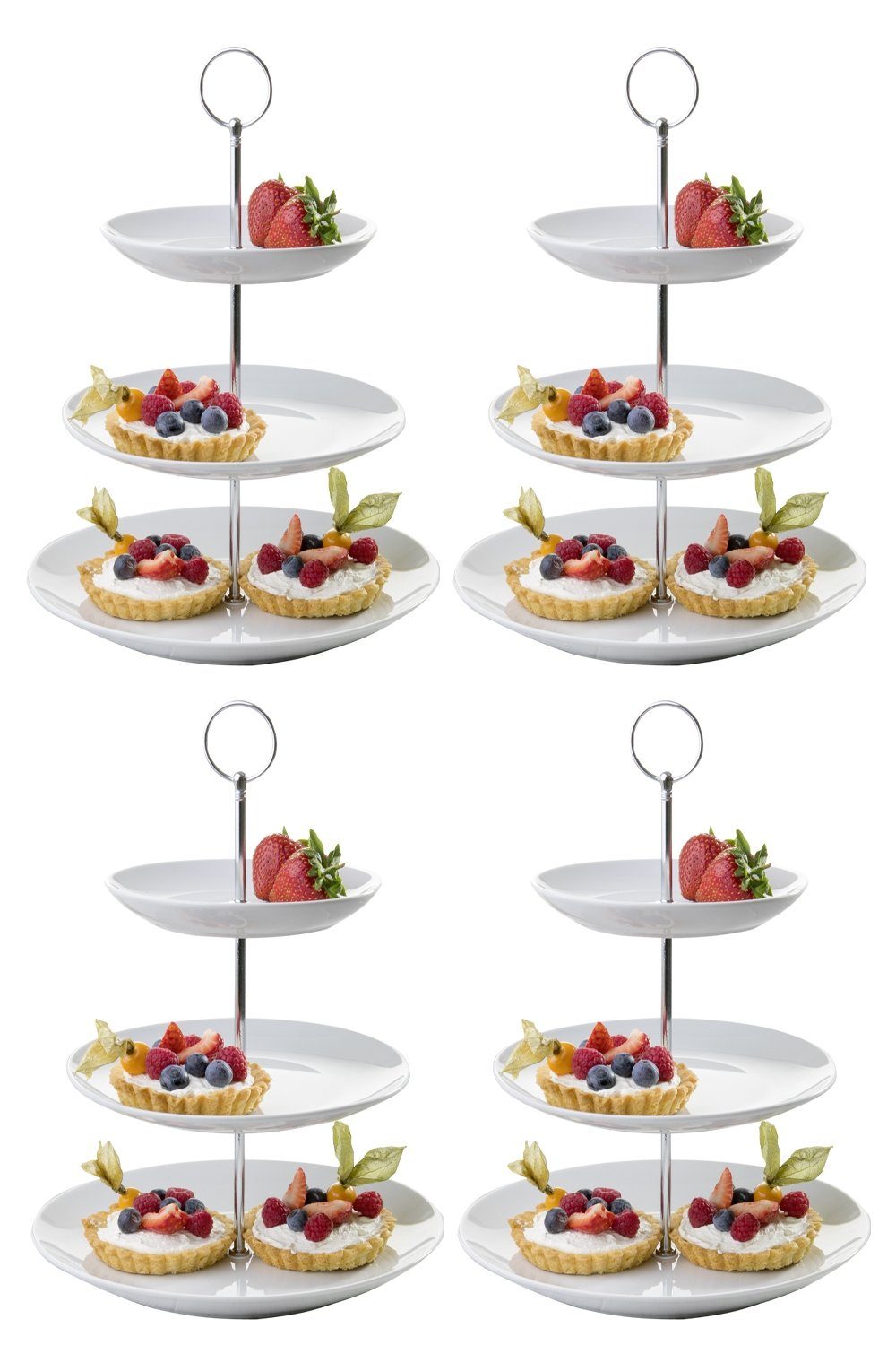 Home4You Etagere Servier-Ständer, 4er Set, H 37 cm, Weiß, 3 Etagen, Porzellan, Ø 26 cm, für Obst, Süßigkeiten, Kuchen, Desserts