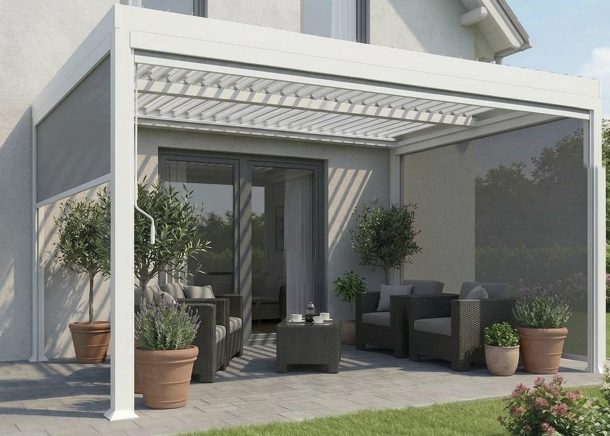 MCW Terrassendach Terrassenvordach Pergola Terassenüberdachung Lamellen Seitenrollos