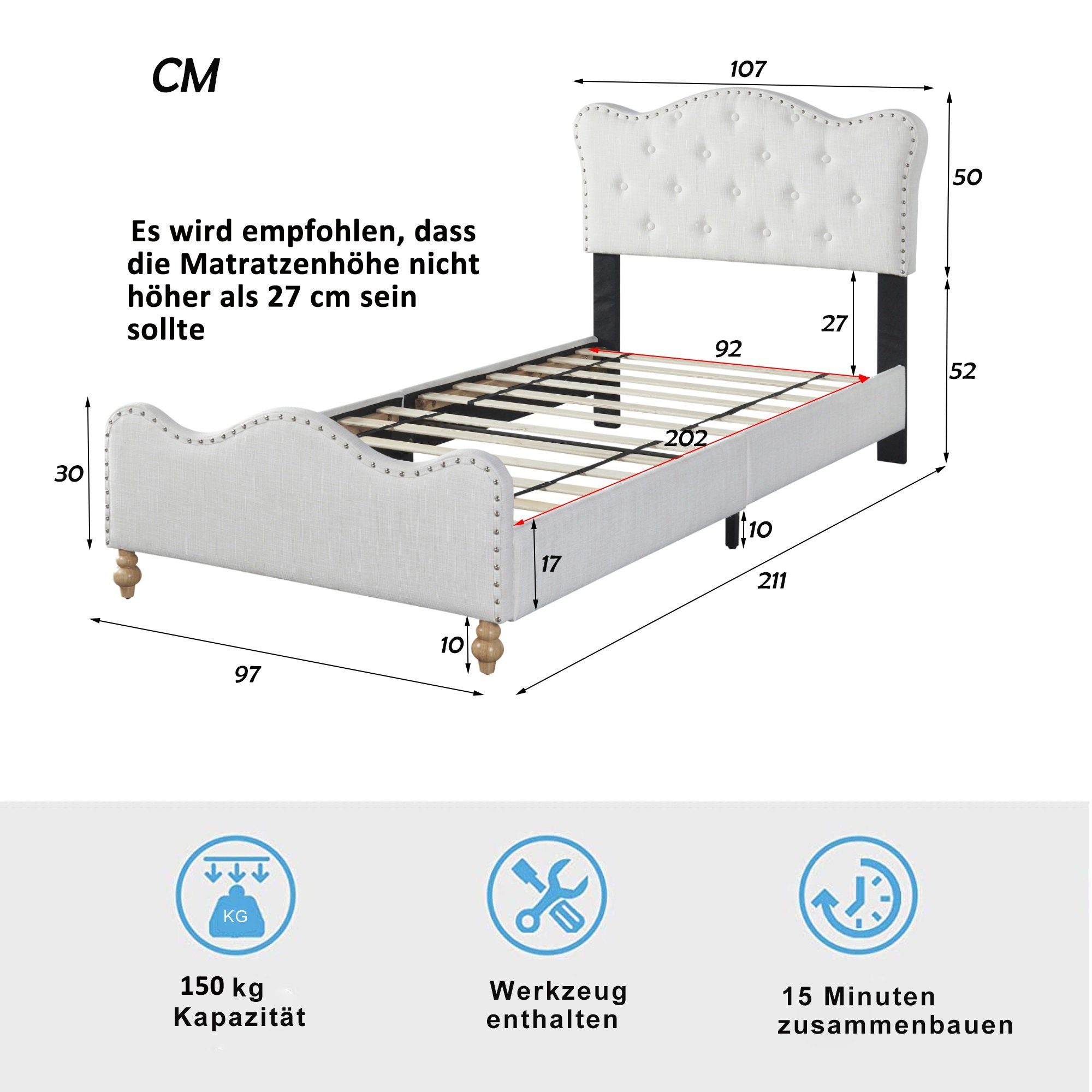 OKWISH Lattenrost Polsterbett Bettgestell Fußteil Funktionsbett Kinderbett Doppelbett hautfreundlichem Matratze Kopfteil), Einzelbett Gästebett in 90x200 und Gästebett mit gepolstertes (mit ohne Jugendbett weißem Leinenstoff cm,