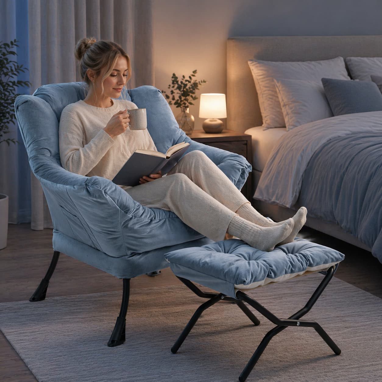 ANYSUN Loungesessel aus Samt mit Nackenstütze, wahlweise mit Fußhocker, weich gepolstert, Lesesessel mit Seitentasche für Wohnzimmer & Schlafzimmer – Bild 4 von 5