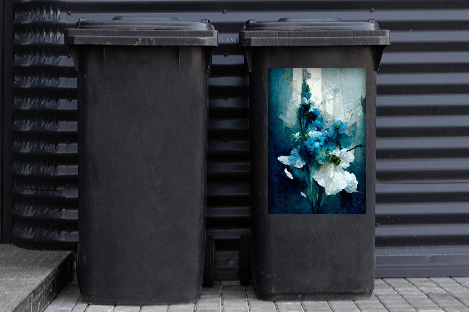 Blumen Farbe - Blumenstrauß - Mülltonne, (1 Blau Container, St), - MuchoWow Abfalbehälter Mülleimer-aufkleber, Sticker, Wandsticker