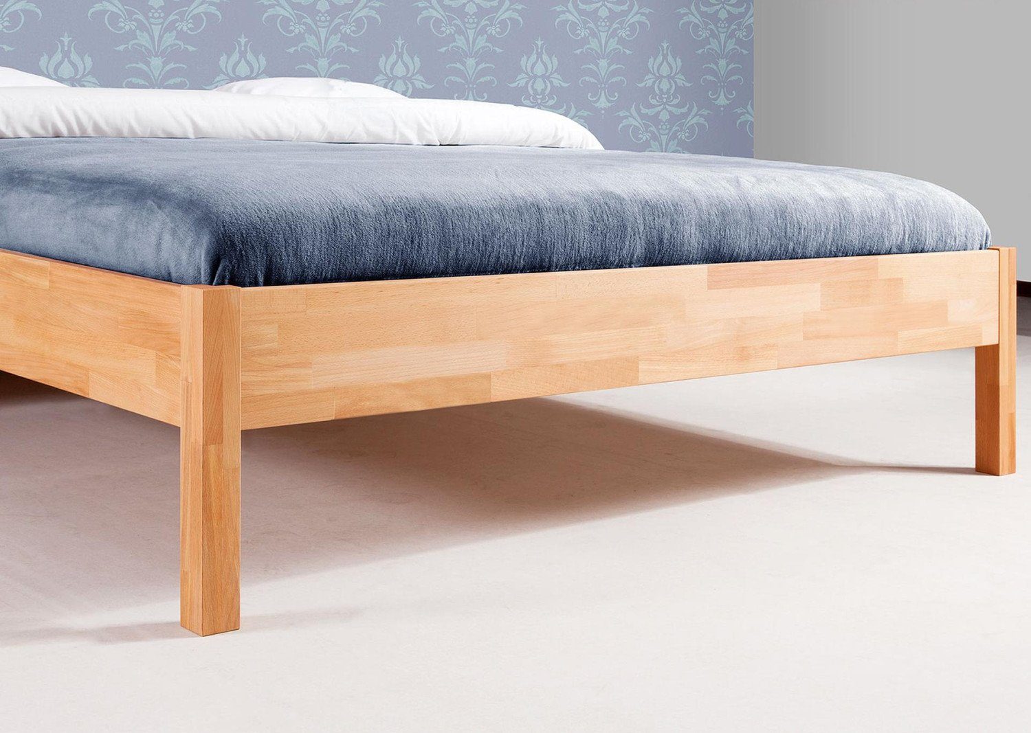 Natur24 Einzelbett Bett Bento 1 Kernbuche massiv 140x200cm ohne Kopfteil mit Holzbeinen