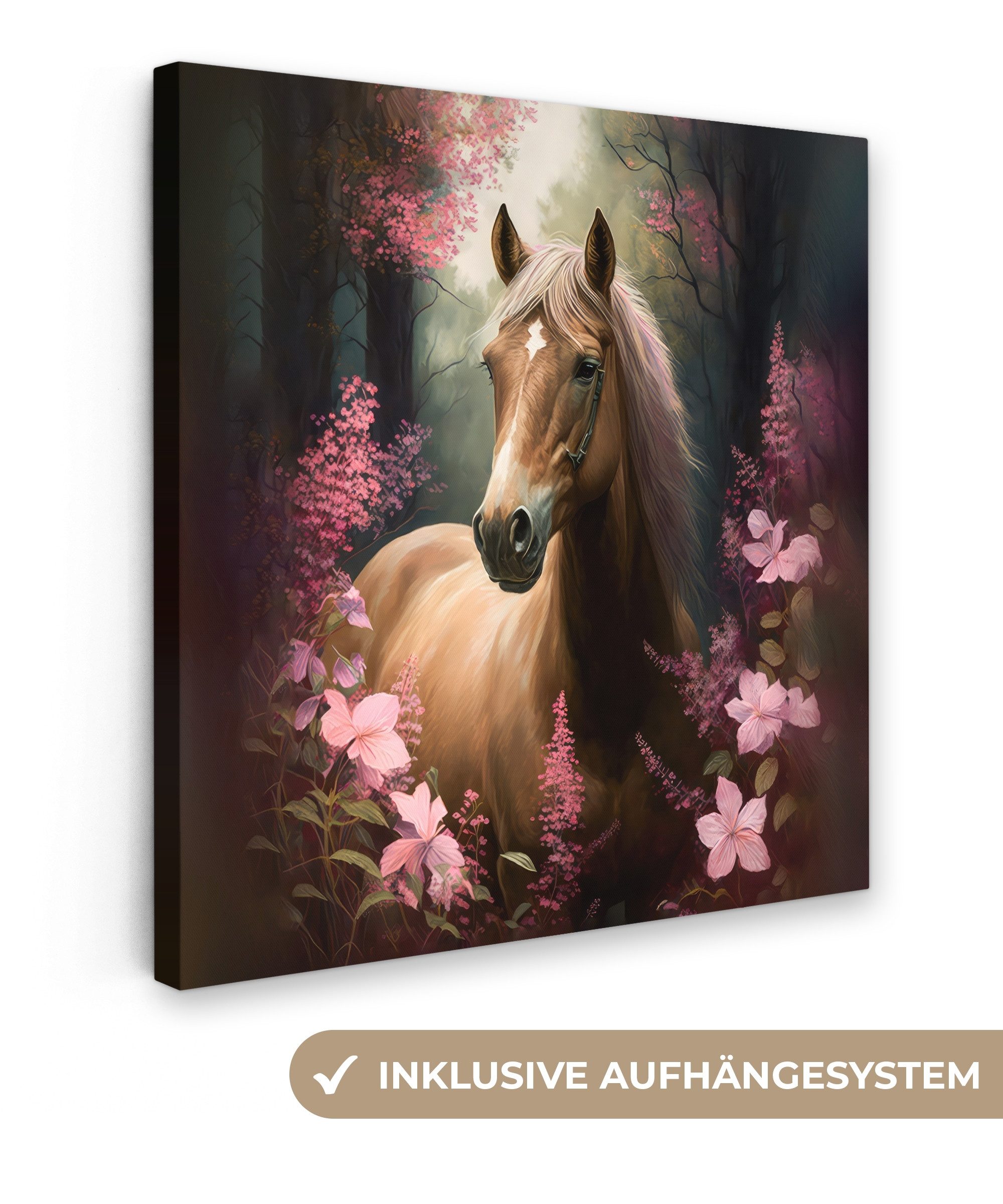 Leinwandbild Pferd - Blumen - Rosa - Natur - Wald