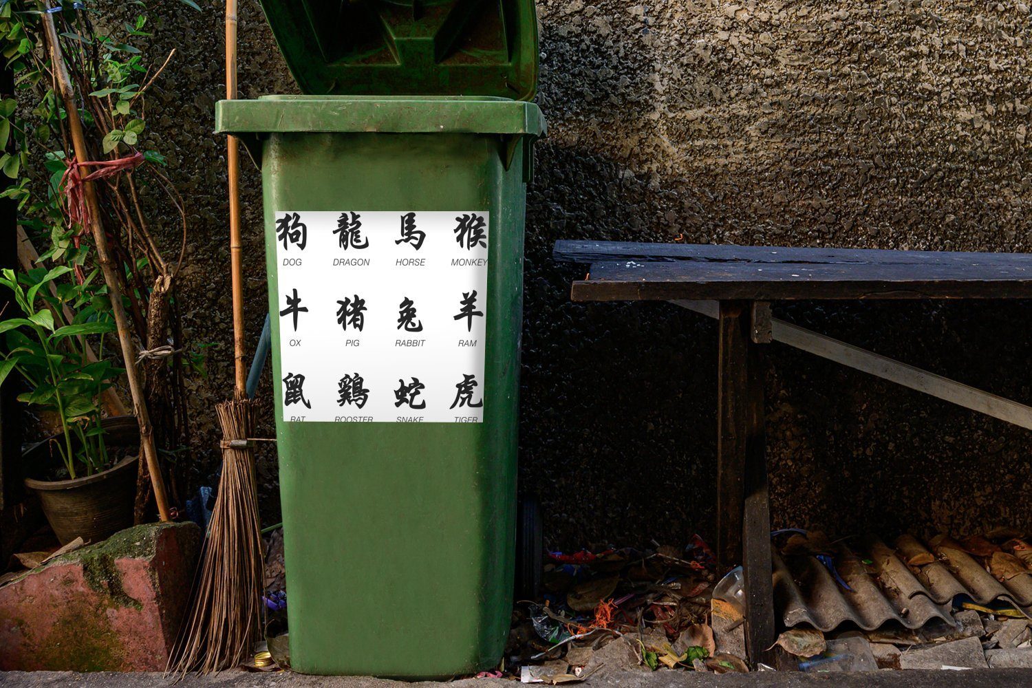 MuchoWow Wandsticker Mülleimer-aufkleber, Mülltonne, Tiernamen Sticker, Schriftzeichen St), Abfalbehälter Chinesische (1 für Container