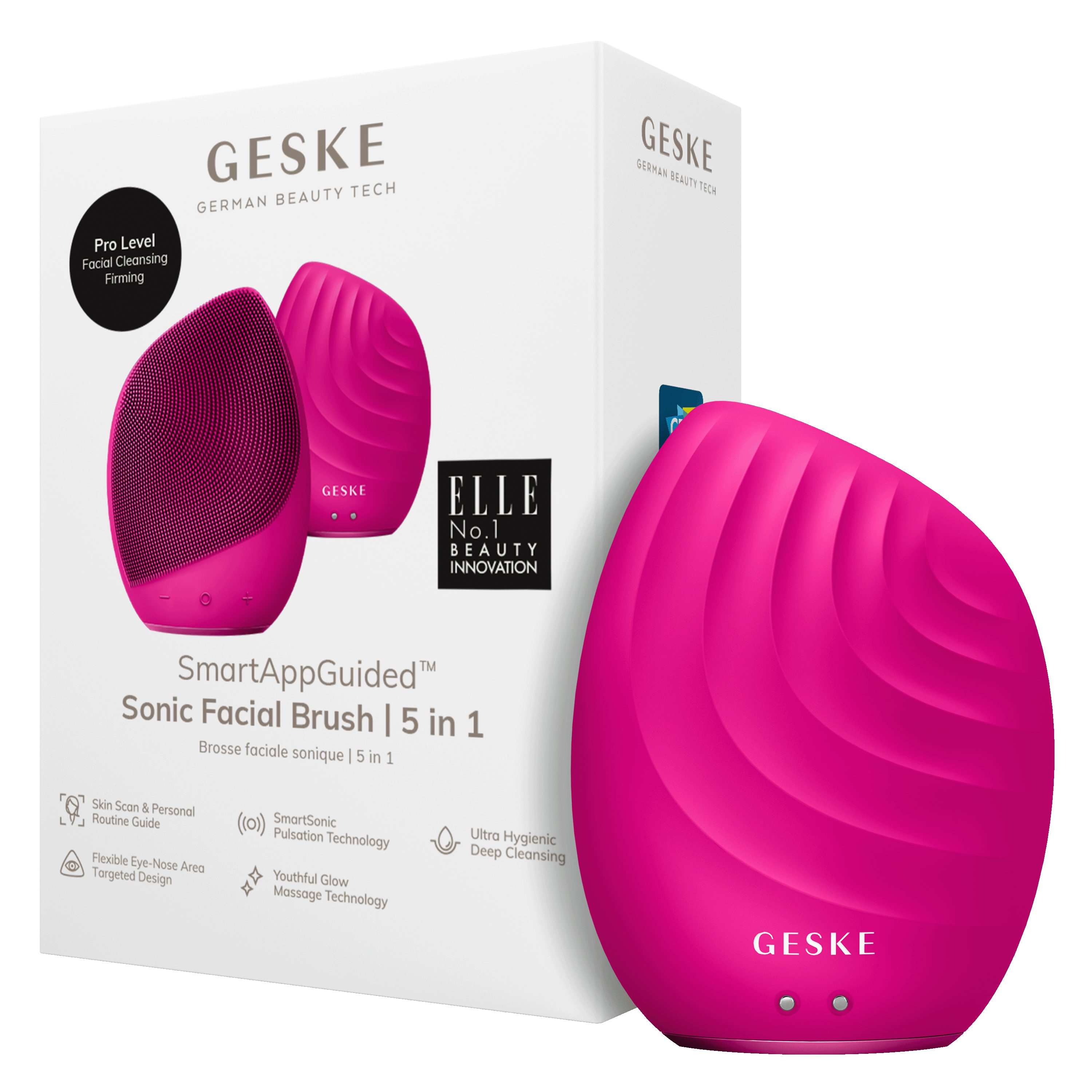 GESKE German Beauty Tech Elektrische Gesichtsreinigungsbürste SmartAppGuided™ Sonic Facial Brush 5 in 1, Packung (Gerät & USB-Ladekabel), 2-tlg., Gerät inkl. kostenloser APP (SmartAppGuided Device), Mit der GESKE App erhältst Du deine personalisierte Hautpflegeroutine. Magenta