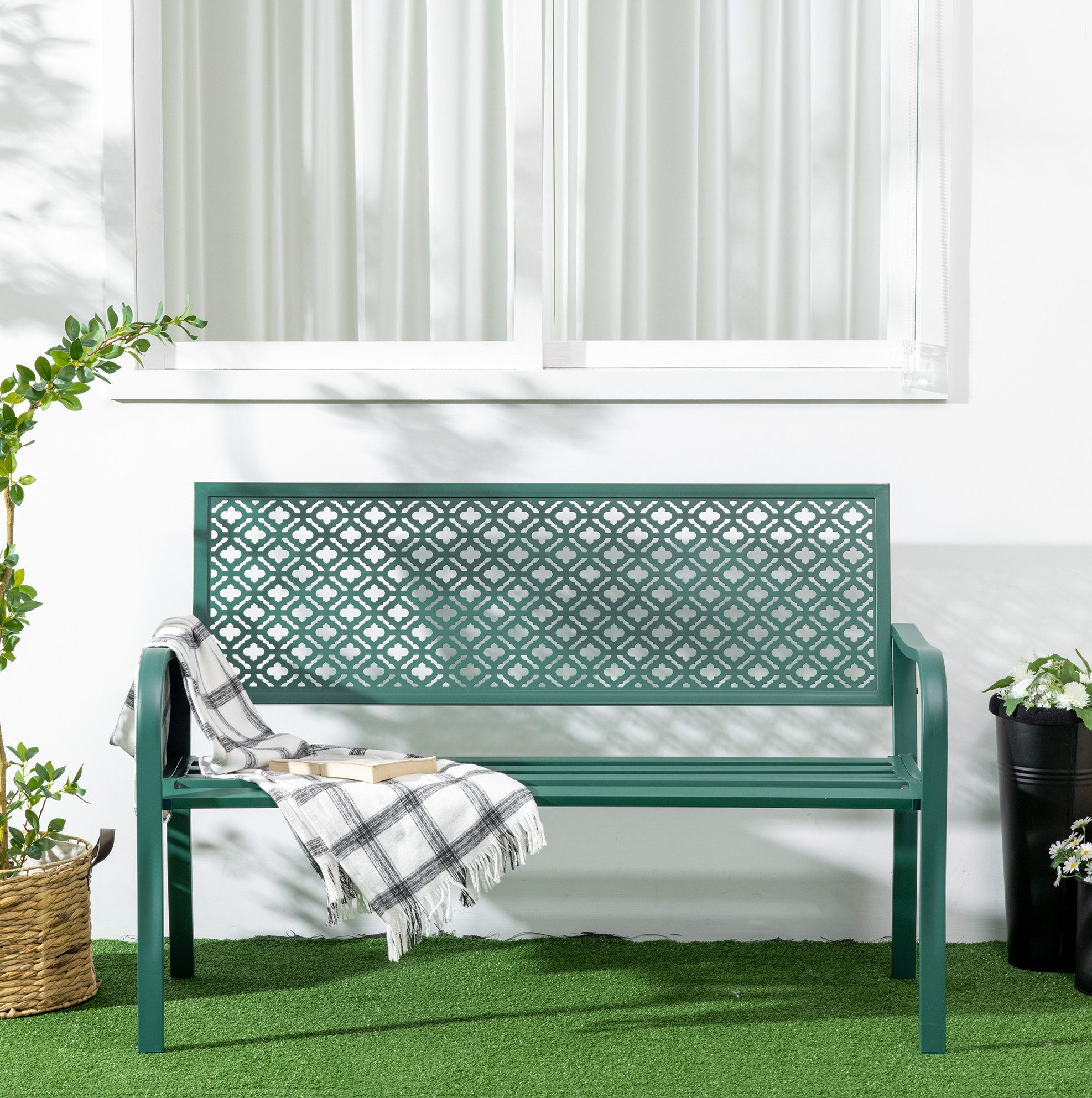 OKWISH Gartenbank Gartenstuhl 127x63x83 cm Dunkelgrün bis 280 kg wetterfest (Packung, 1-St., Outdoor Gartenmöbel Bank für 2 Personen, klassisches Design), Stabile Sitzbank für Terrasse & Garten, robust & langlebig