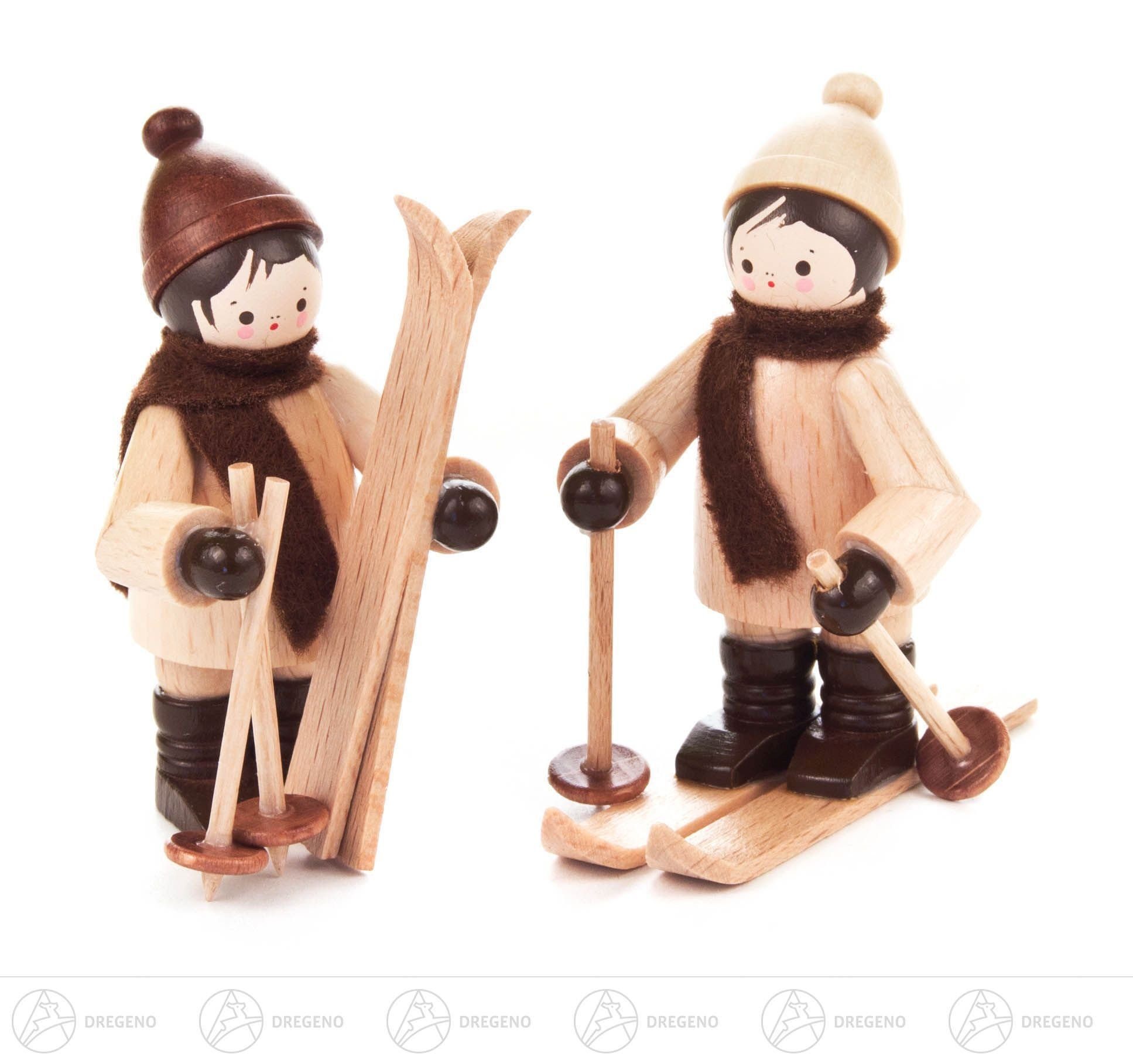 Dregeno Erzgebirge Weihnachtsfigur Miniatur Kinder mit Ski natur (2) Höhe ca 5,5 cm NEU