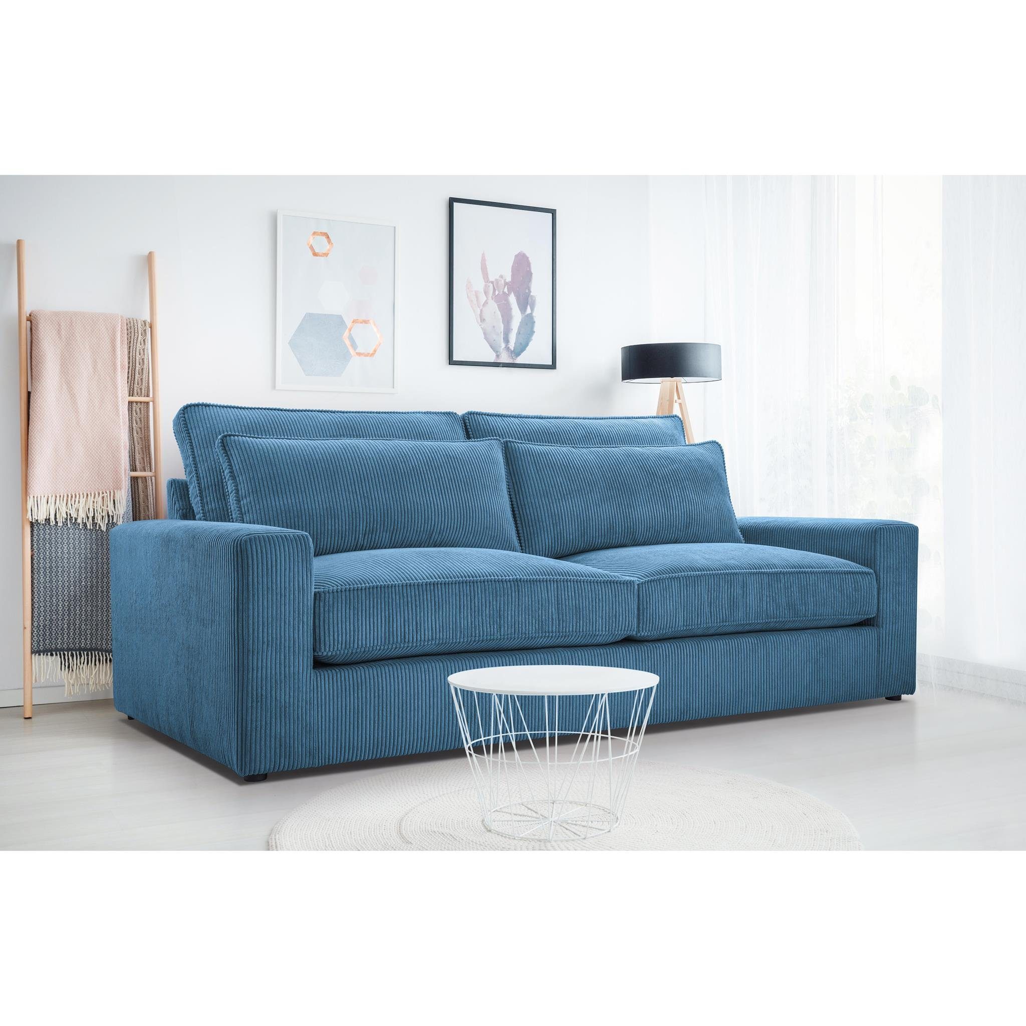 Beautysofa 3-Sitzer Como, Wellenfedern, Wohnzimmer, 221 cm Sofa im modernes Stil, Polstersofa aus Velours im Cord-Struktur Blau (lincoln 75)