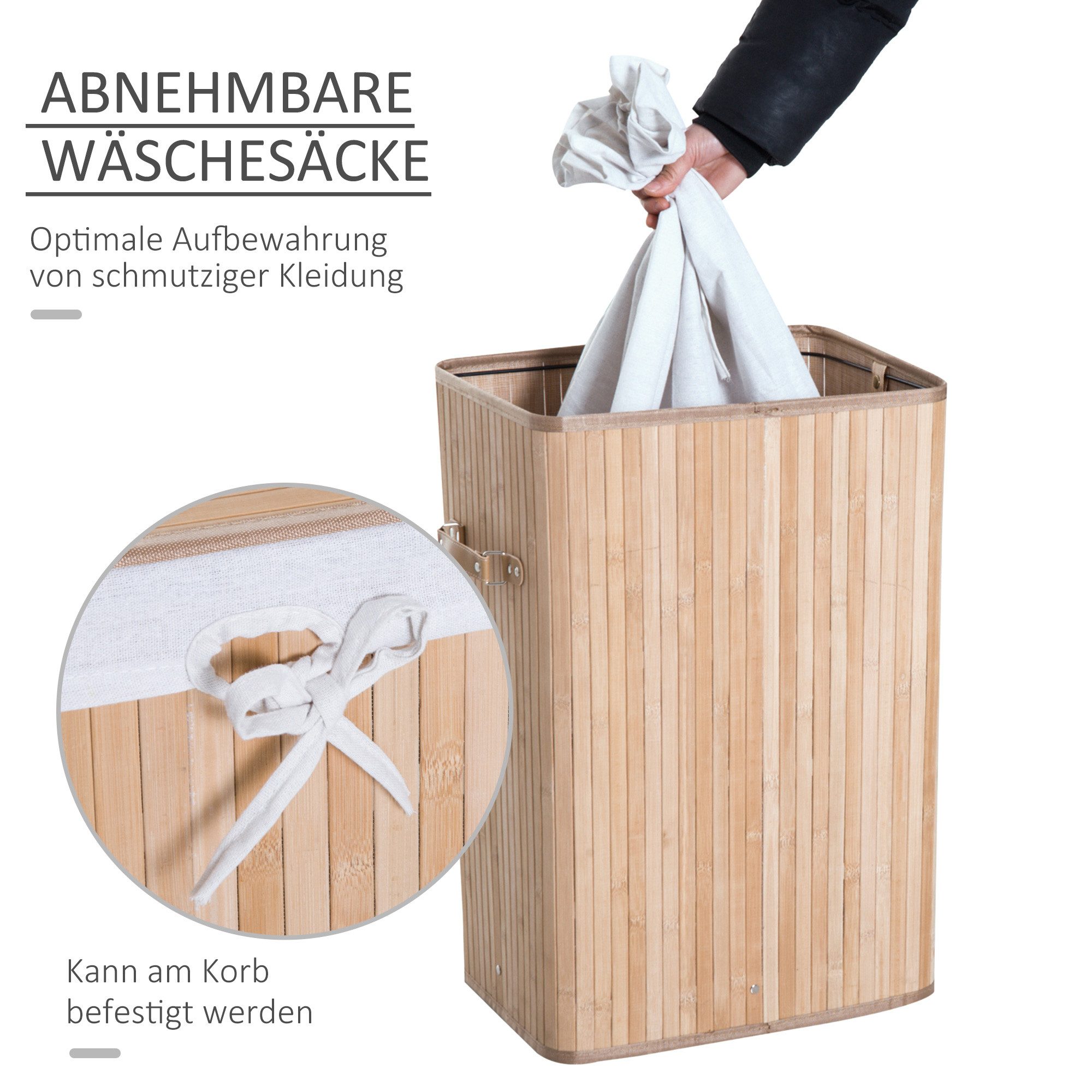 HOMCOM Wäschekorb schmal Wäschesammler mit Griff, für Schlafzimmer & Bad, natur (Wäschekorb, 1 St., Wäschebox), Bambus, faltbar, 72L, Natur, 40 x 30 x 60 cm – Bild 5 von 5