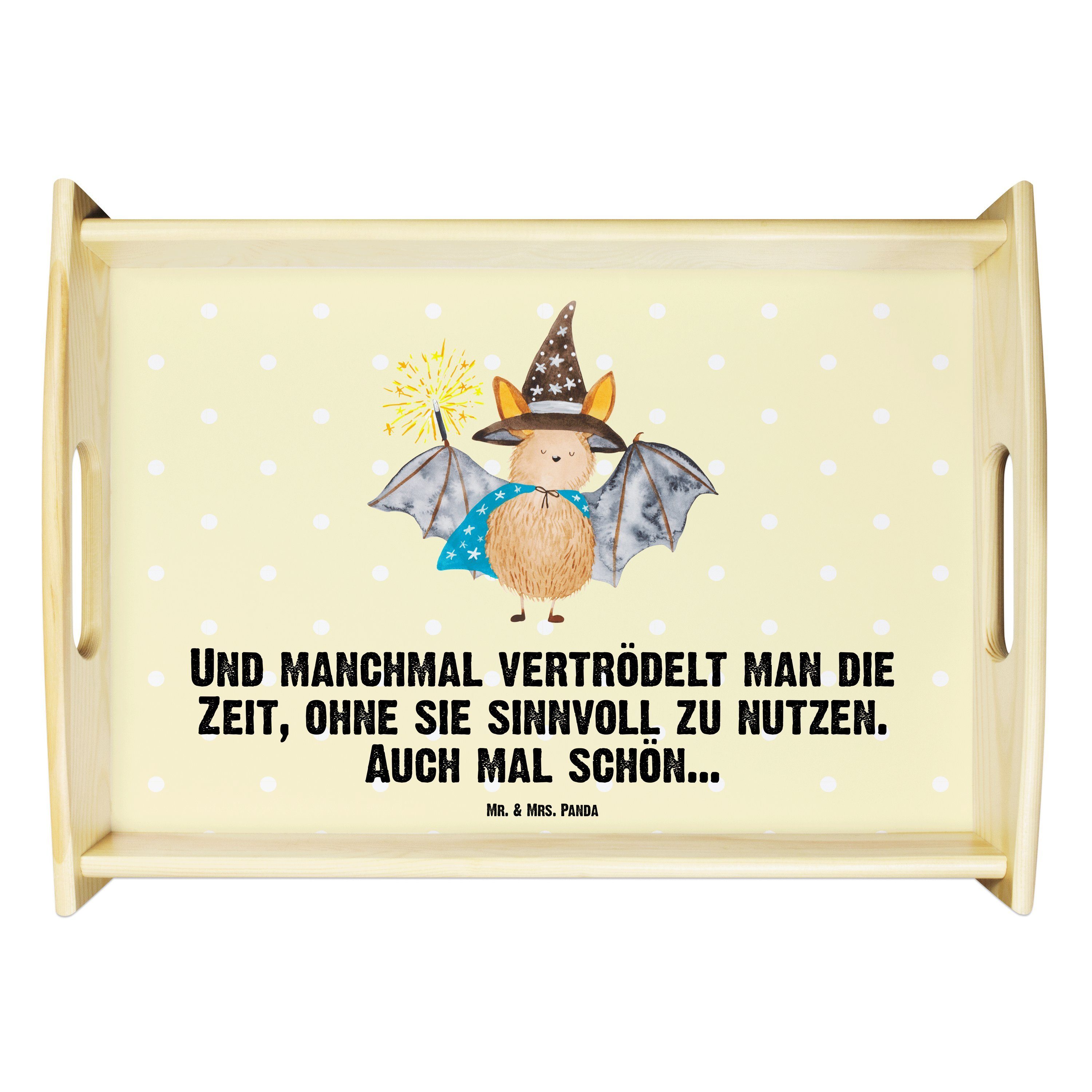 Mr. & Mrs. Panda Tablett Fledermaus Zauberer - Gelb Pastell - Geschenk, Holztablett, Tablett, Echtholz lasiert, (1-tlg)