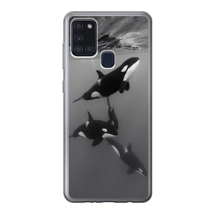 MuchoWow Handyhülle Orca - Wasser - Schwarz - Weiß Handyhülle Samsung Galaxy A21s Smartphone-Bumper Print Handy