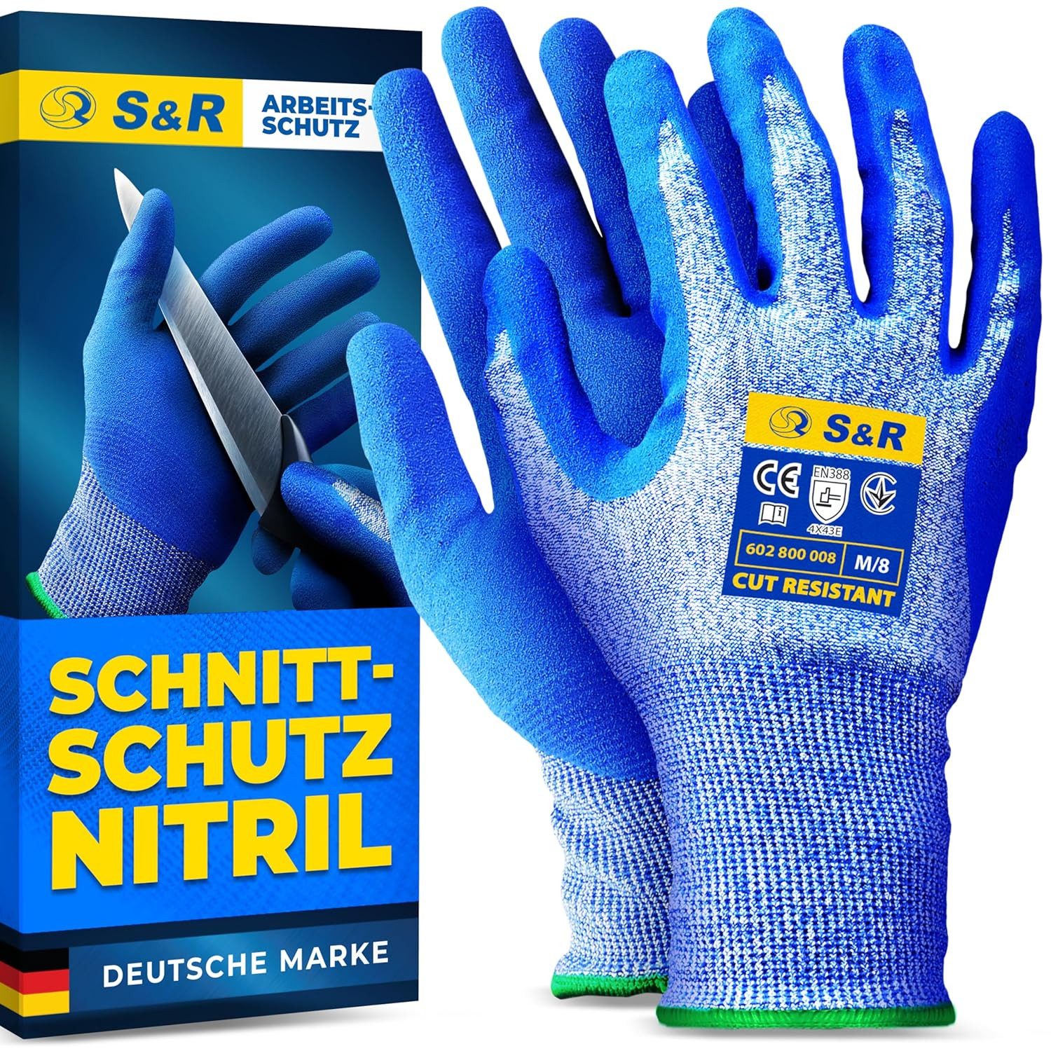 S&R Schnittschutzhandschuhe Schnittfeste Schutzhandschuhe 1 Paar mit Nitrilbeschichtung in M / 8 (2-St) Anti-Rutsch Arbeitshandschuhe für Montage, Bauen, Restauration