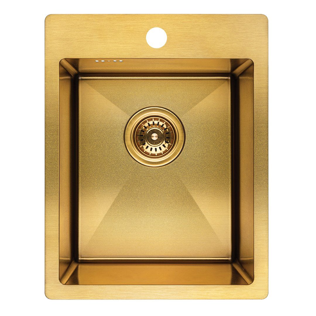 KOLMAN Küchenspüle Einzelbecken Marmara Stahl Spülbecken, Rechteckig, 48/37,5 cm, Space Saving Siphon GRATIS Gold