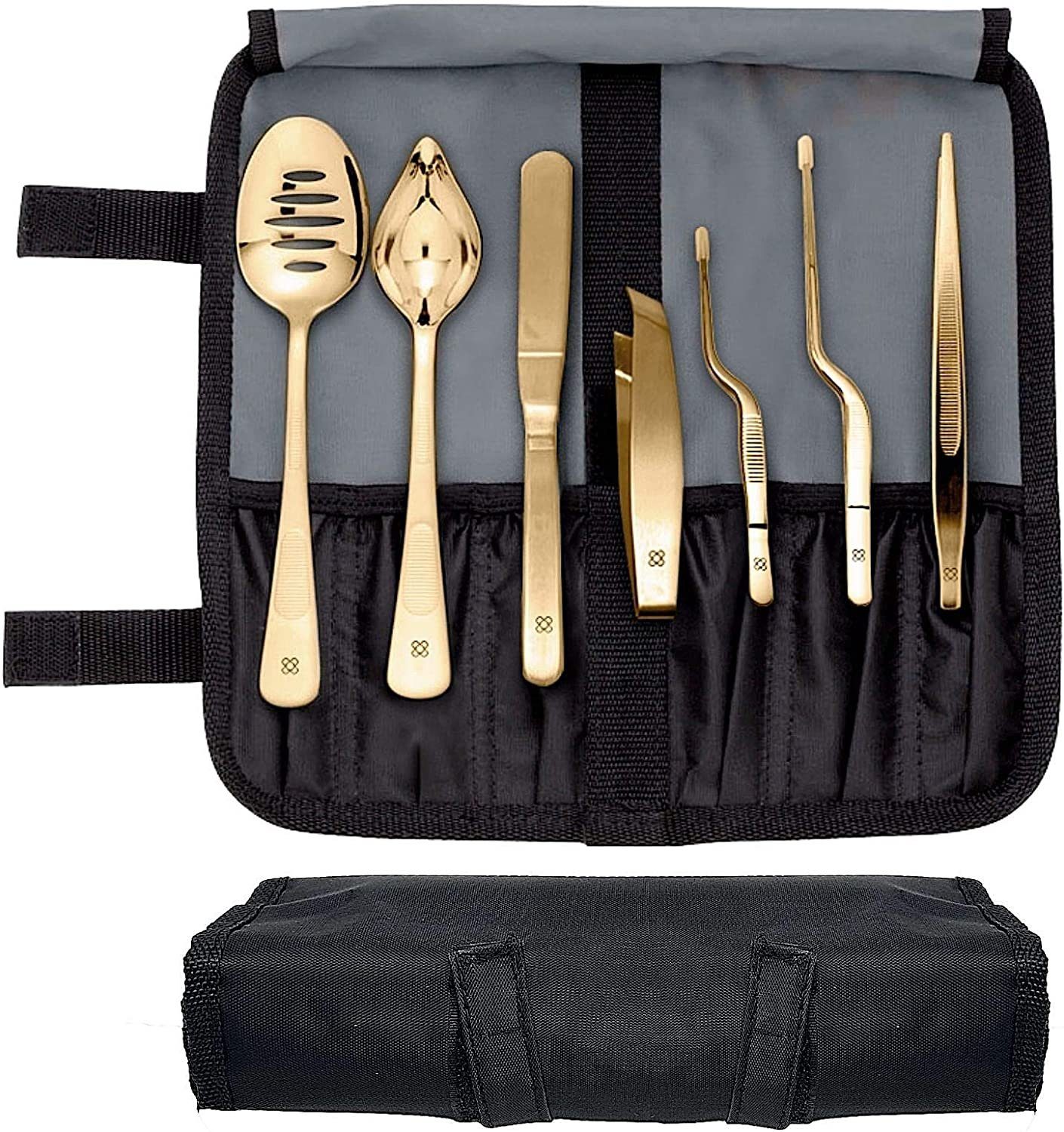 UE Stock Kochbesteck-Set Barcelona Küchen Chef Kochutensilien 7-teilig (Edelstahl Plating Kit Kuechen-Werkzeug Koch Set - Deko Garnieren Gadgets - PERFORIERTLÖFFEL - DEKOLÖFFEL - SPREIZSPACHTEL - FISCHKNOCHENENTFERNER-ZANGE - PRÄZISE PINZETTEN, 7-tlg) Gold