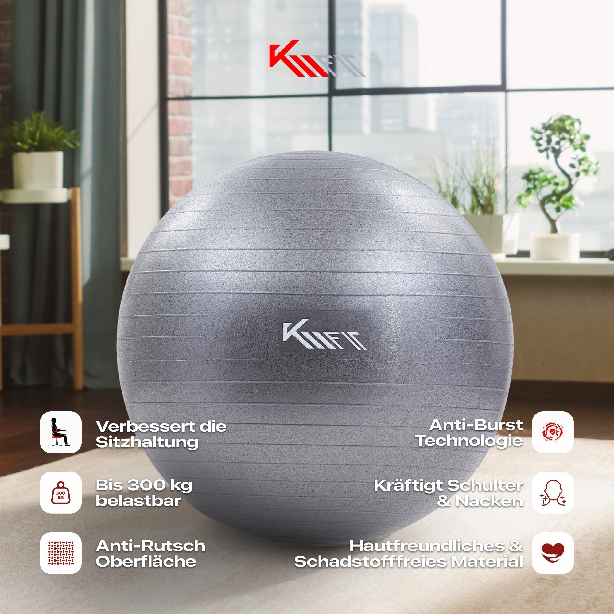 KM - Fit Gymnastikball 65 cm Trainingsball Sitzball für Fitness, Yoga & Gymnastik (mit Luft-Pumpe, Grau), Max. Belastbarkeit: 300 kg