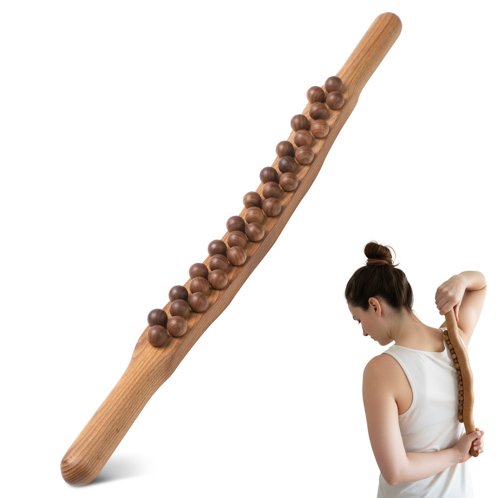 JOYOLEDER Nacken-Massagegerät Gua Sha Wooden Therapy Stab, Massagestab Holz mit 31 Holzmassageperlen, Faszienstab, Massagestab Holz, Ganzkörper Scraping Stick, Gua Sha für Muskelentspannung Massage Nacken Rücken Bauch Beine Arme