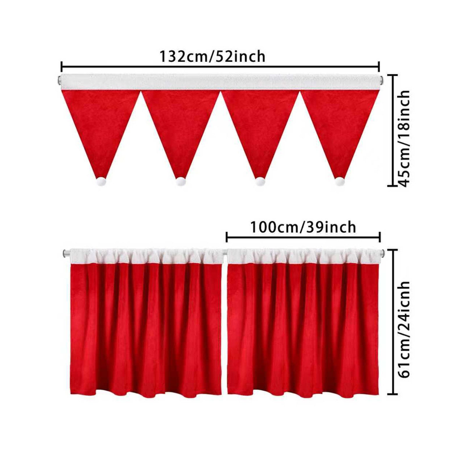 Jibenhome Scheibengardine Weihnachtsvorhänge 3er-Set Kurzvorhang mit Pompom Gardinenstange, Rot