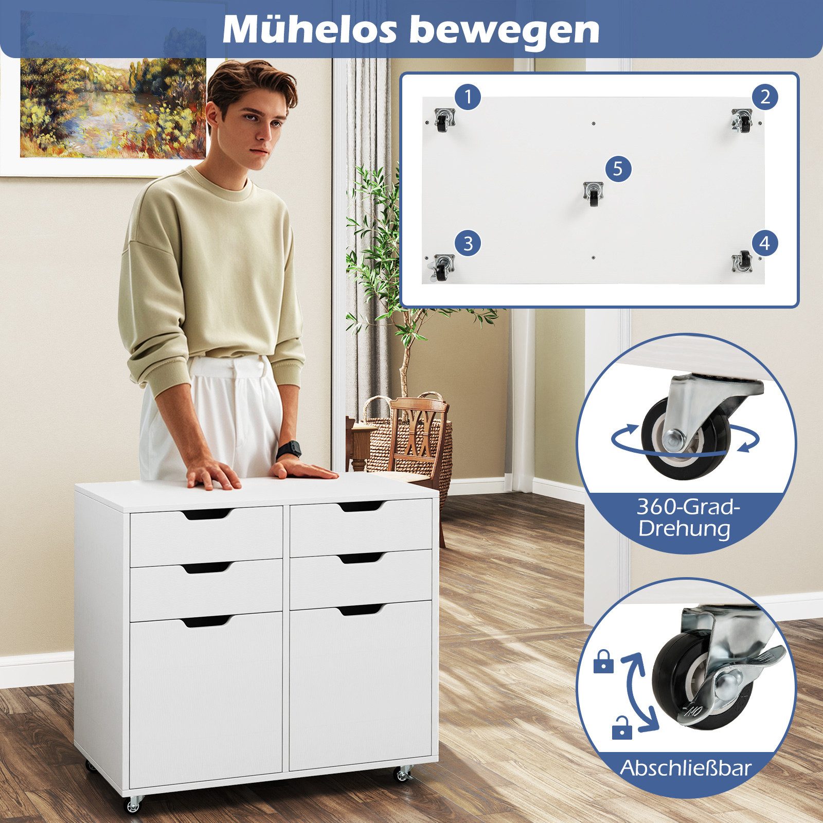 COSTWAY Rollcontainer, mit 4 Schubladen, 2 Türen, Büroschrank mit Rollen