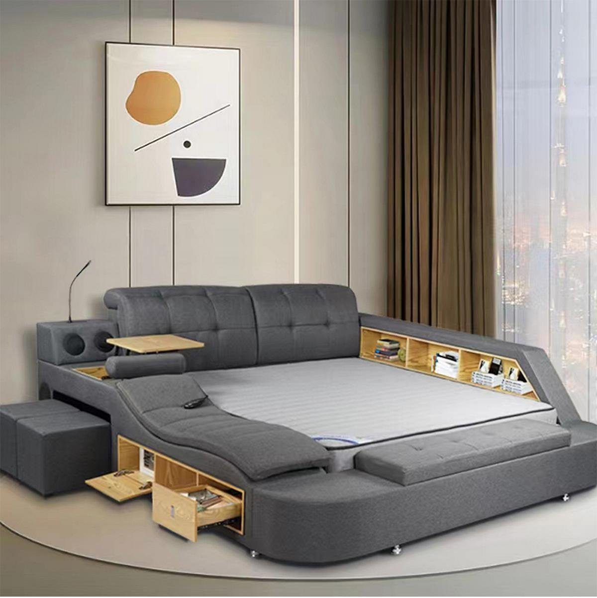 Multimediabett Multifunktionales Bett in Holzoptik mit Stauraum