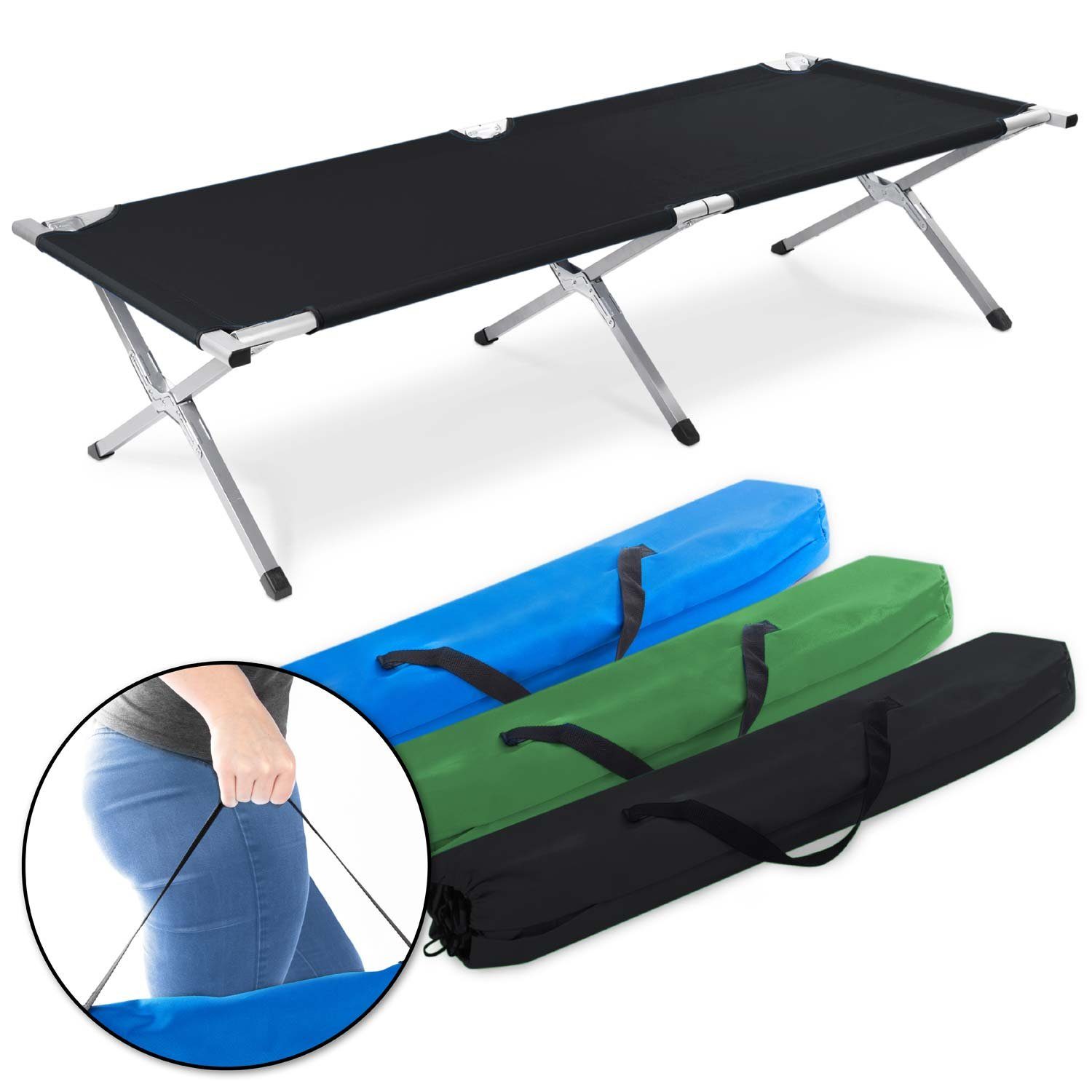 Faltbares Aluminium Klappbett) aus Goods+Gadgets Gästebett Army-Bett Schwarz (Campingbett, Feldbett