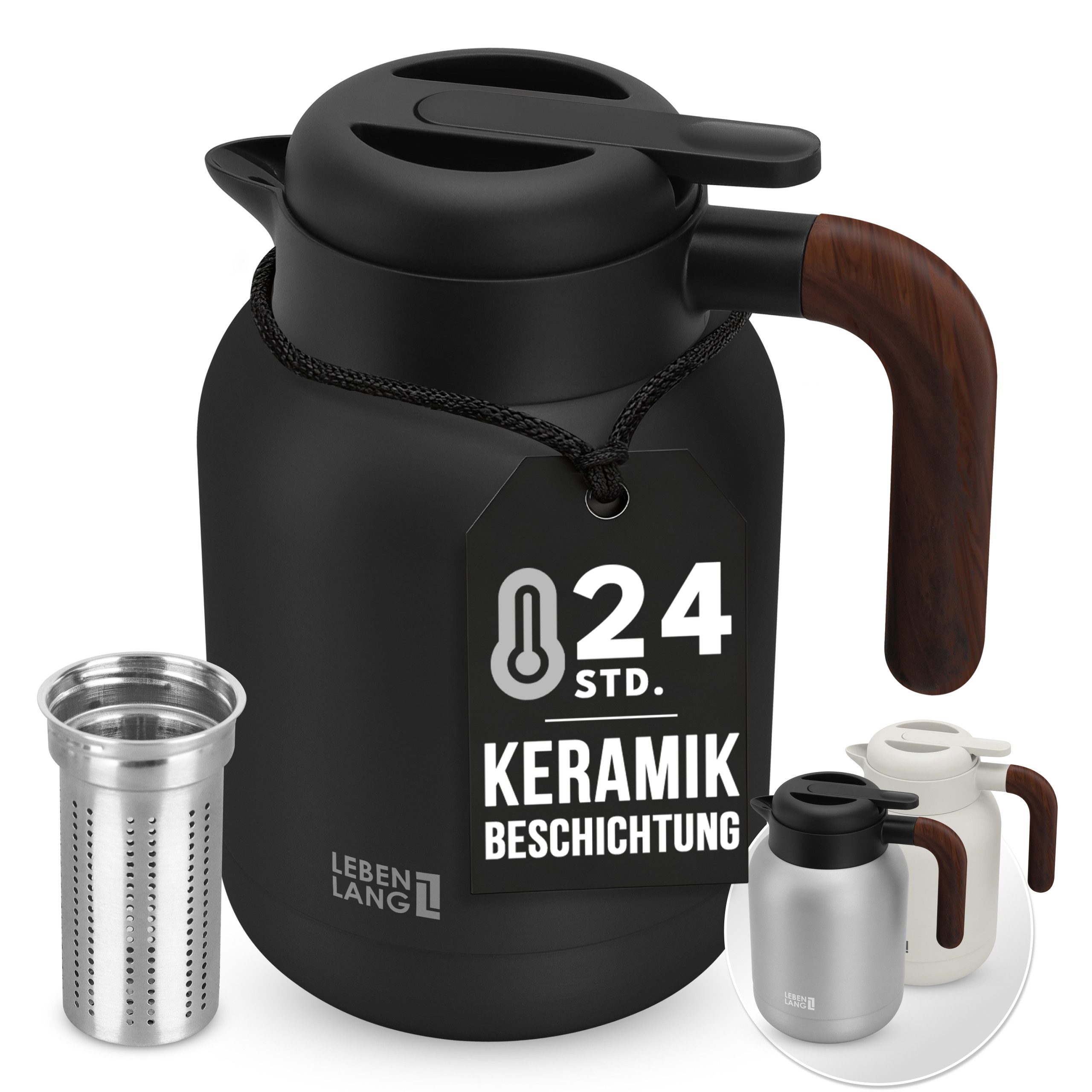 Lebenlang Isolierkanne 1,5L Thermoskanne inkl. Teesieb - Kaffee & Tee - Heiß & Kalt, 1.5 l, Innenwand aus Keramikbeschichtung, Auslaufsicher, Drehdeckel