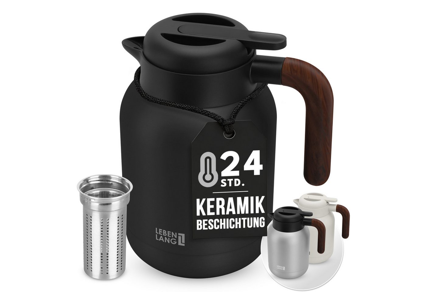 Lebenlang Isolierkanne 1,5L Thermoskanne inkl. Teesieb - Kaffee & Tee - Heiß & Kalt, 1.5 l, Innenwand aus Keramikbeschichtung, Auslaufsicher, Drehdeckel