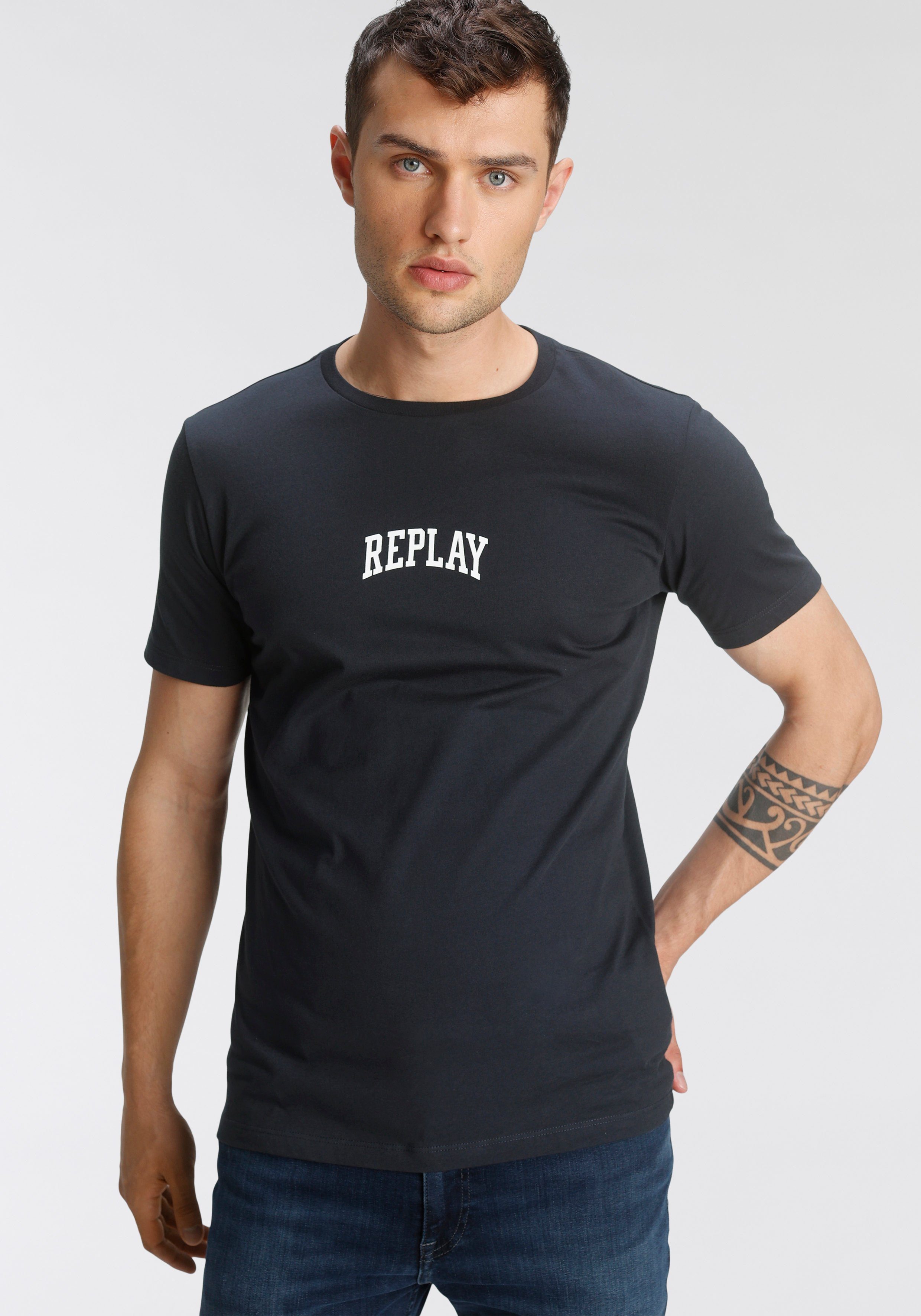 Replay T-Shirt mit Markenprint dunkelblau