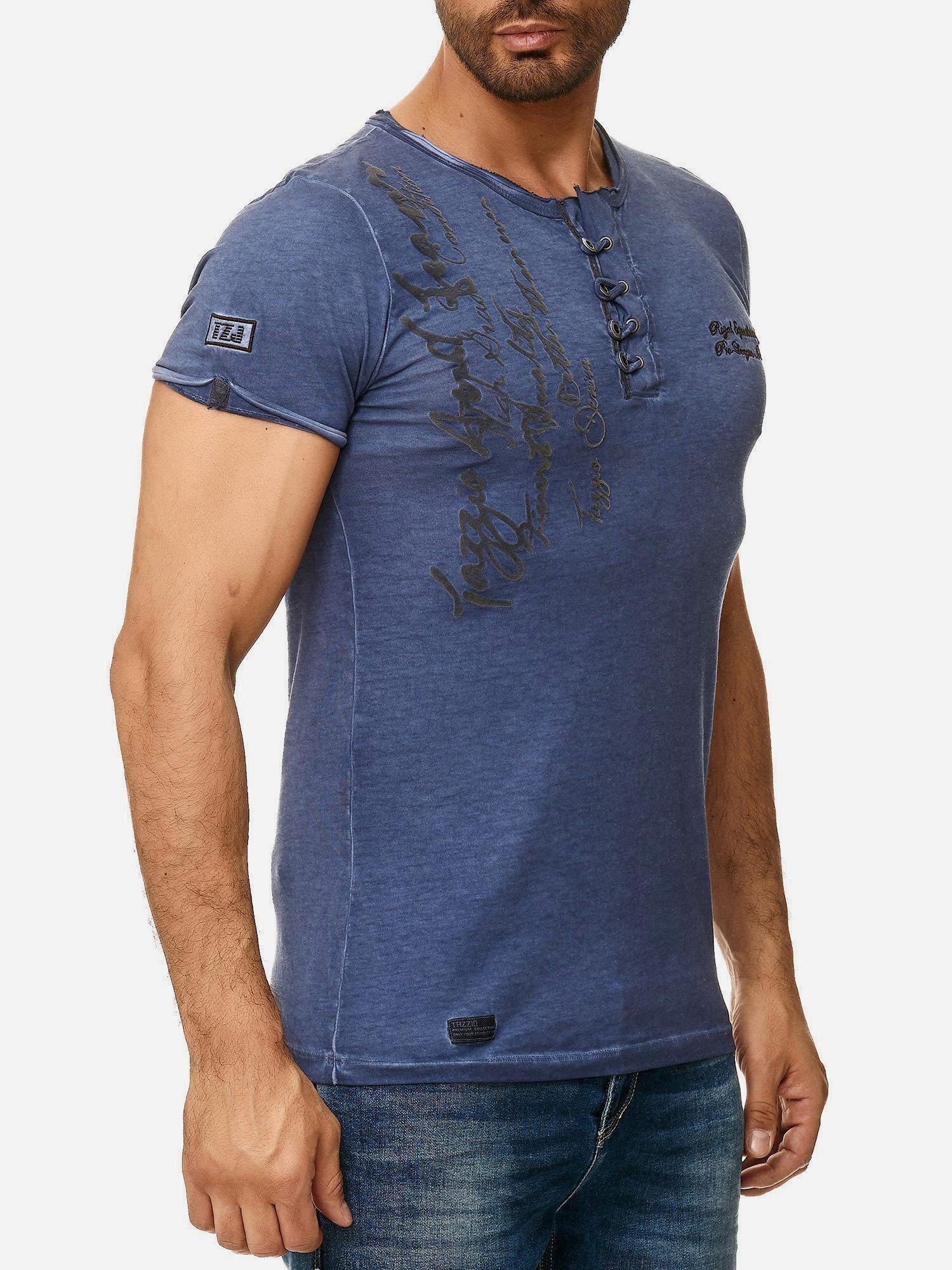 und mit Ölwaschung T-Shirt Kragen navy Rundhalsshirt Look in 4050-1 dezentem offenem Used Tazzio