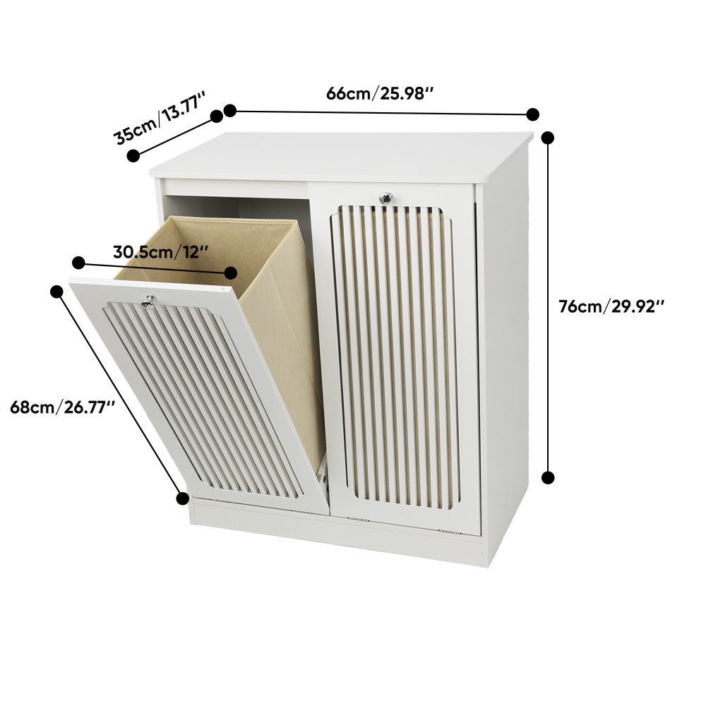 BBWL Wäschekorb Weiß 66 x 35 x 76 cm, 2 Stofffächer, kippbare Lamellenfront, Wäscheschrank, lappdeckel, Wäscheaufbewahrung mit Ablagefläche – Bild 3 von 5