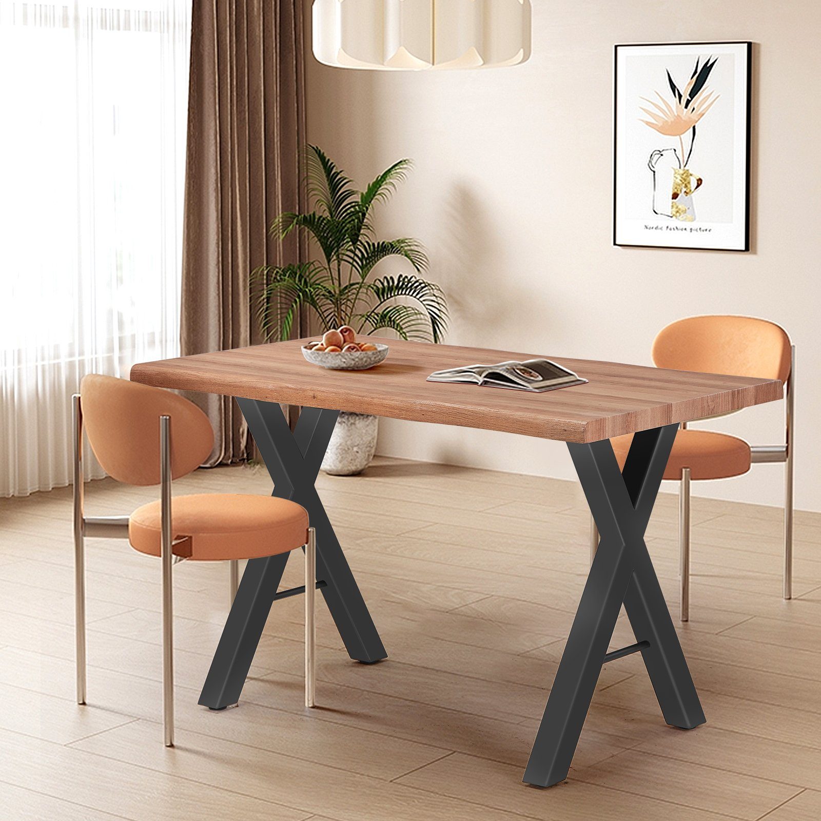 Merax Esstisch, aus Holz mit Stahlrahmen, Arbeitstisch 4 cm dicke Tischplatte Braun | Braun