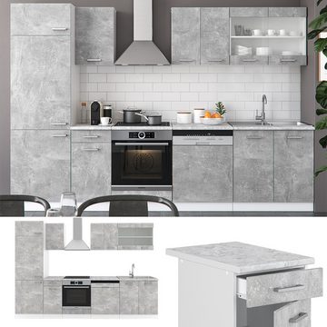 Livinity® Küchenzeile R-Line, Beton/Weiß, 300 cm, AP Anthrazit
