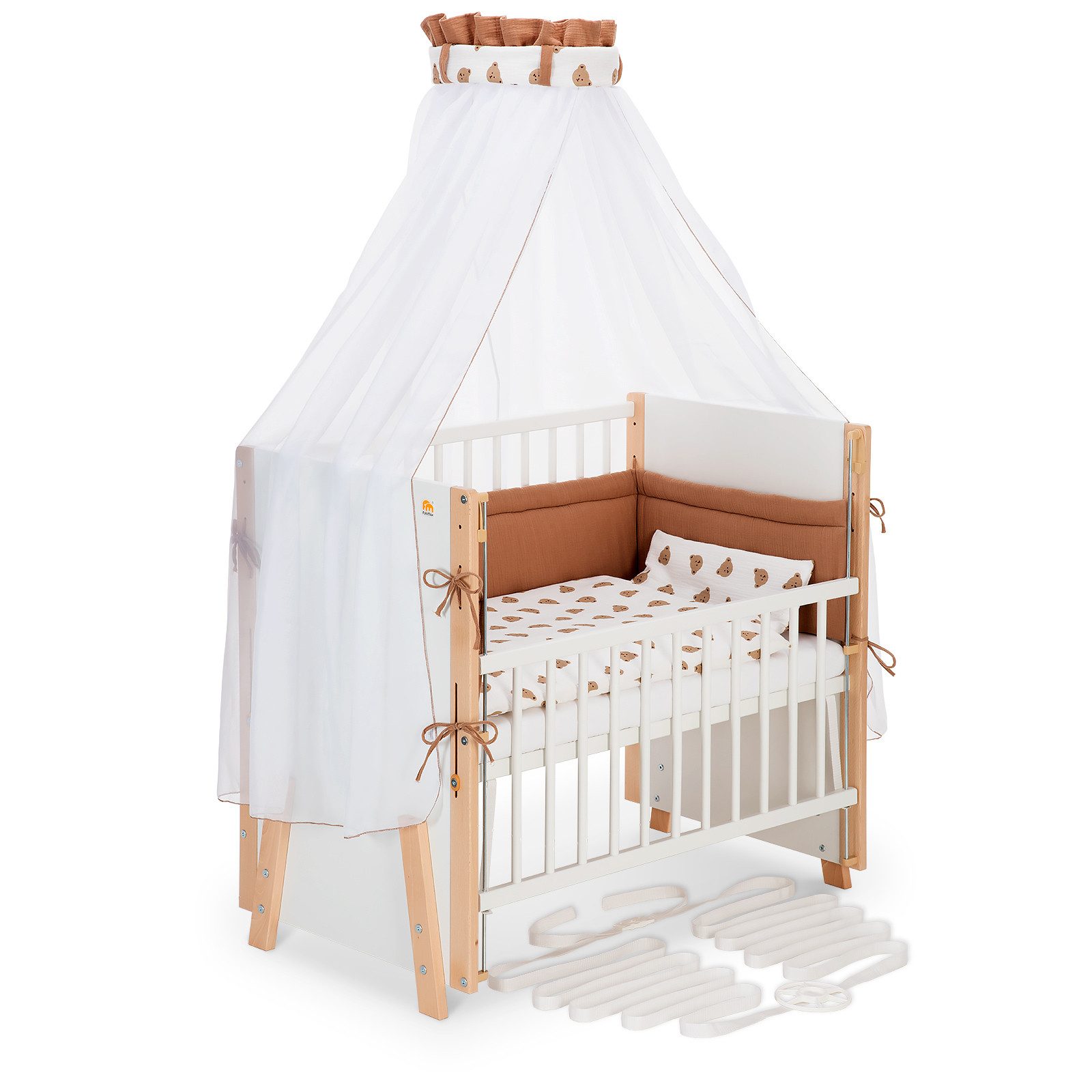 FabiMax Beistellbett Boxspring Vario Weiß / Natur, Stufenlose Höhenverstellung von 52 bis 83 cm, mit 2 in 1 Seitengitter