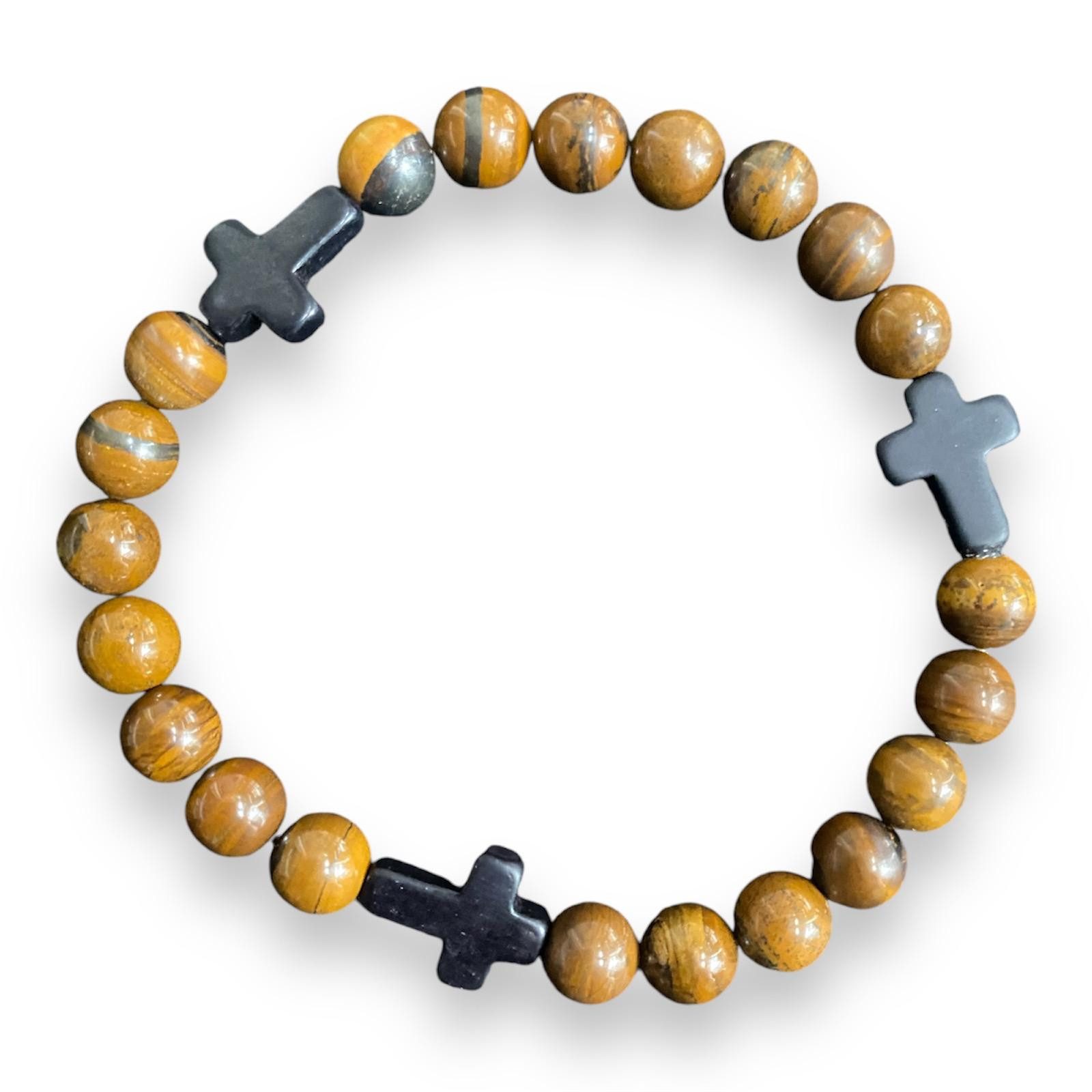 Perlenarmband Tigerauge Edelstein Armband 3 schwarze Kreuze 21 Perlen
